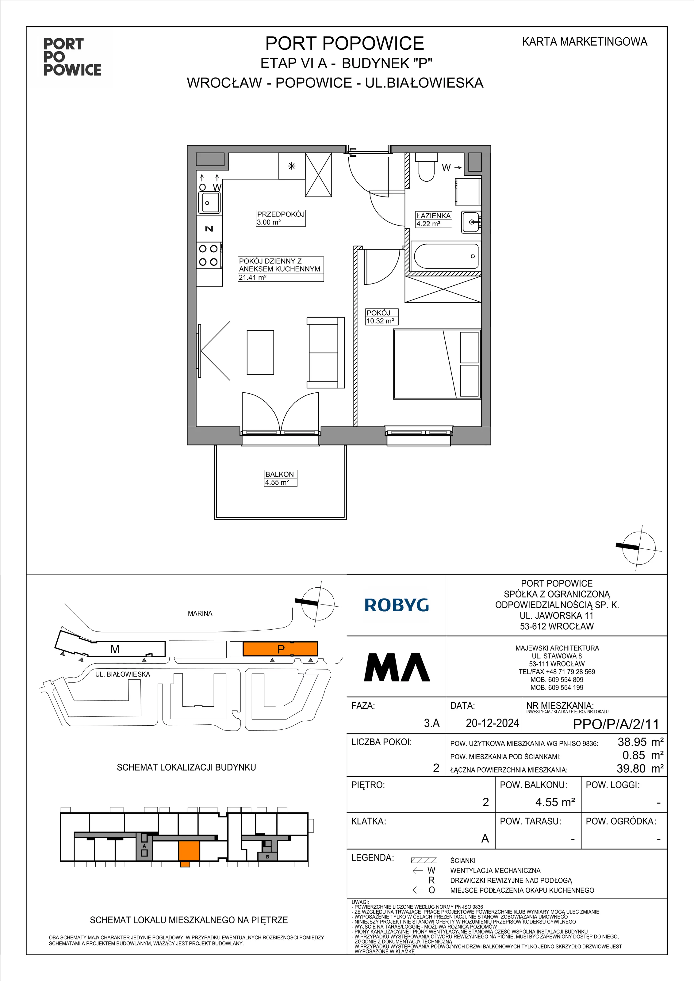 2 pokoje, mieszkanie 38,95 m², piętro 2, oferta nr PPO/P/A/2/11, Port Popowice IVa, Wrocław, Pilczyce-Kozanów-Popowice Północne, Popowice, ul. Białowieska