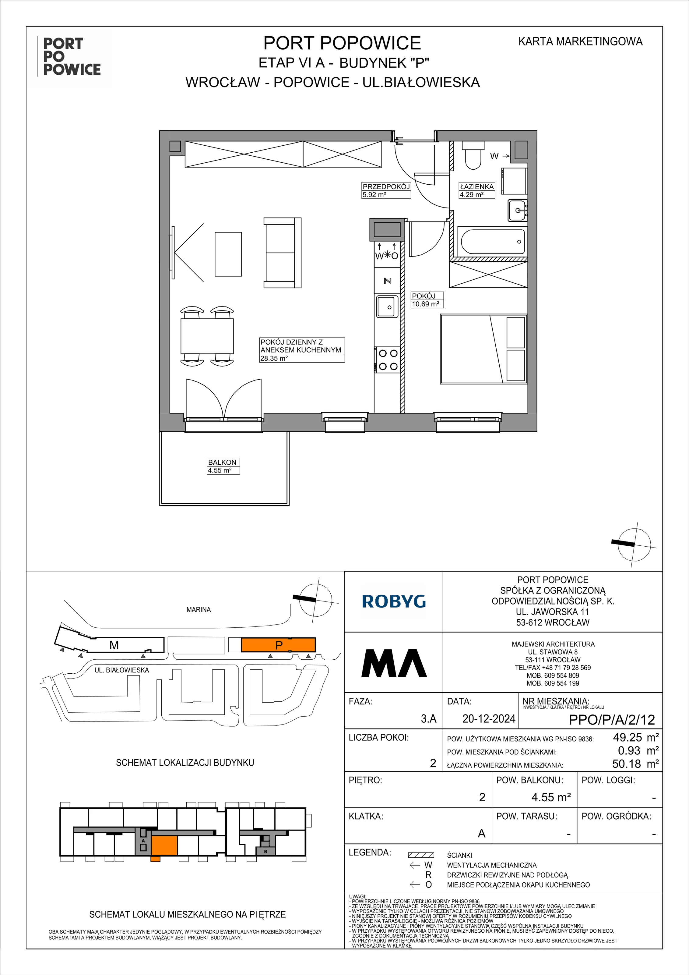 2 pokoje, mieszkanie 49,25 m², piętro 2, oferta nr PPO/P/A/2/12, Port Popowice IVa, Wrocław, Pilczyce-Kozanów-Popowice Północne, Popowice, ul. Białowieska