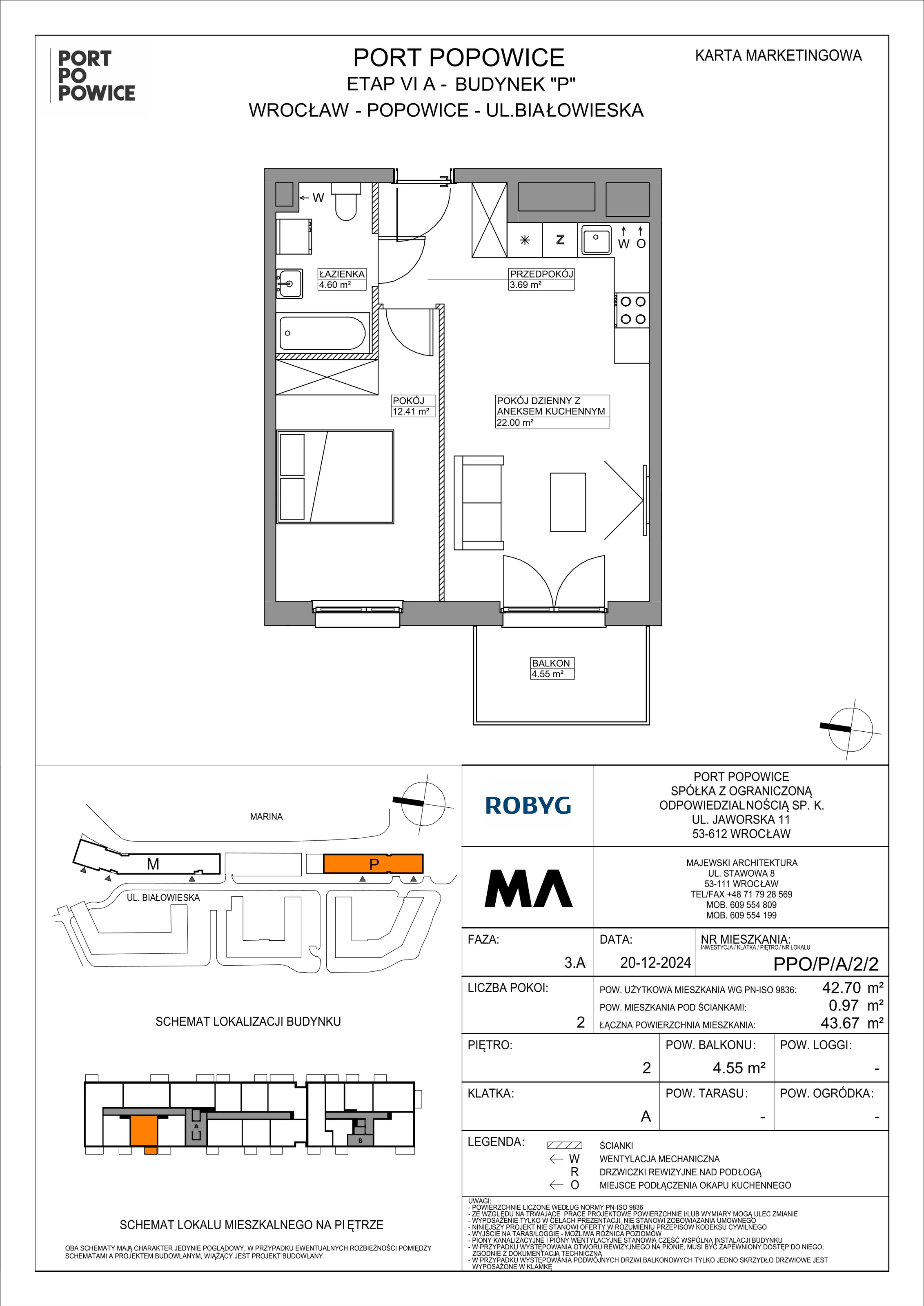 2 pokoje, mieszkanie 42,70 m², piętro 2, oferta nr PPO/P/A/2/2, Port Popowice IVa, Wrocław, Pilczyce-Kozanów-Popowice Północne, Popowice, ul. Białowieska