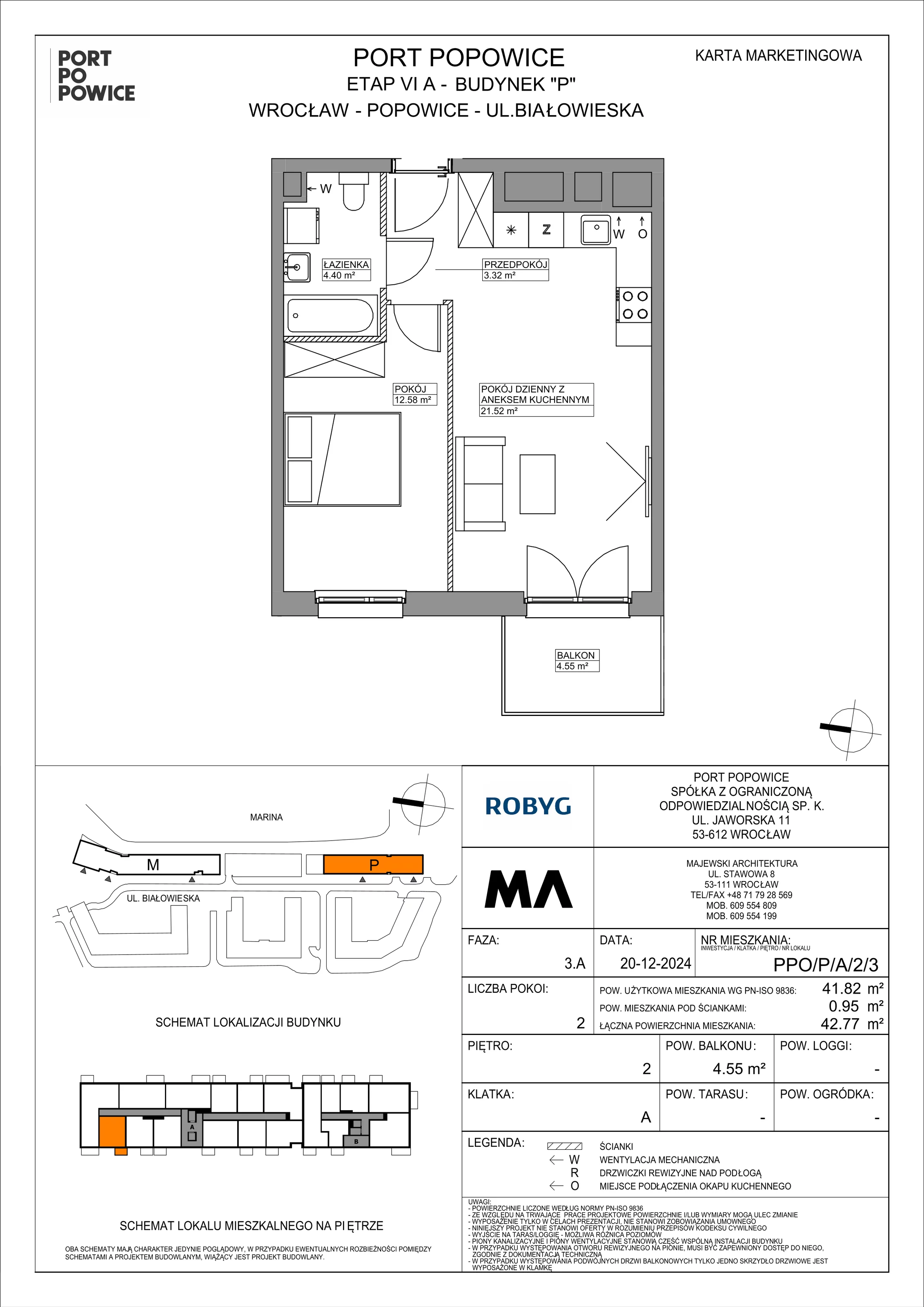 2 pokoje, mieszkanie 41,82 m², piętro 2, oferta nr PPO/P/A/2/3, Port Popowice IVa, Wrocław, Pilczyce-Kozanów-Popowice Północne, Popowice, ul. Białowieska