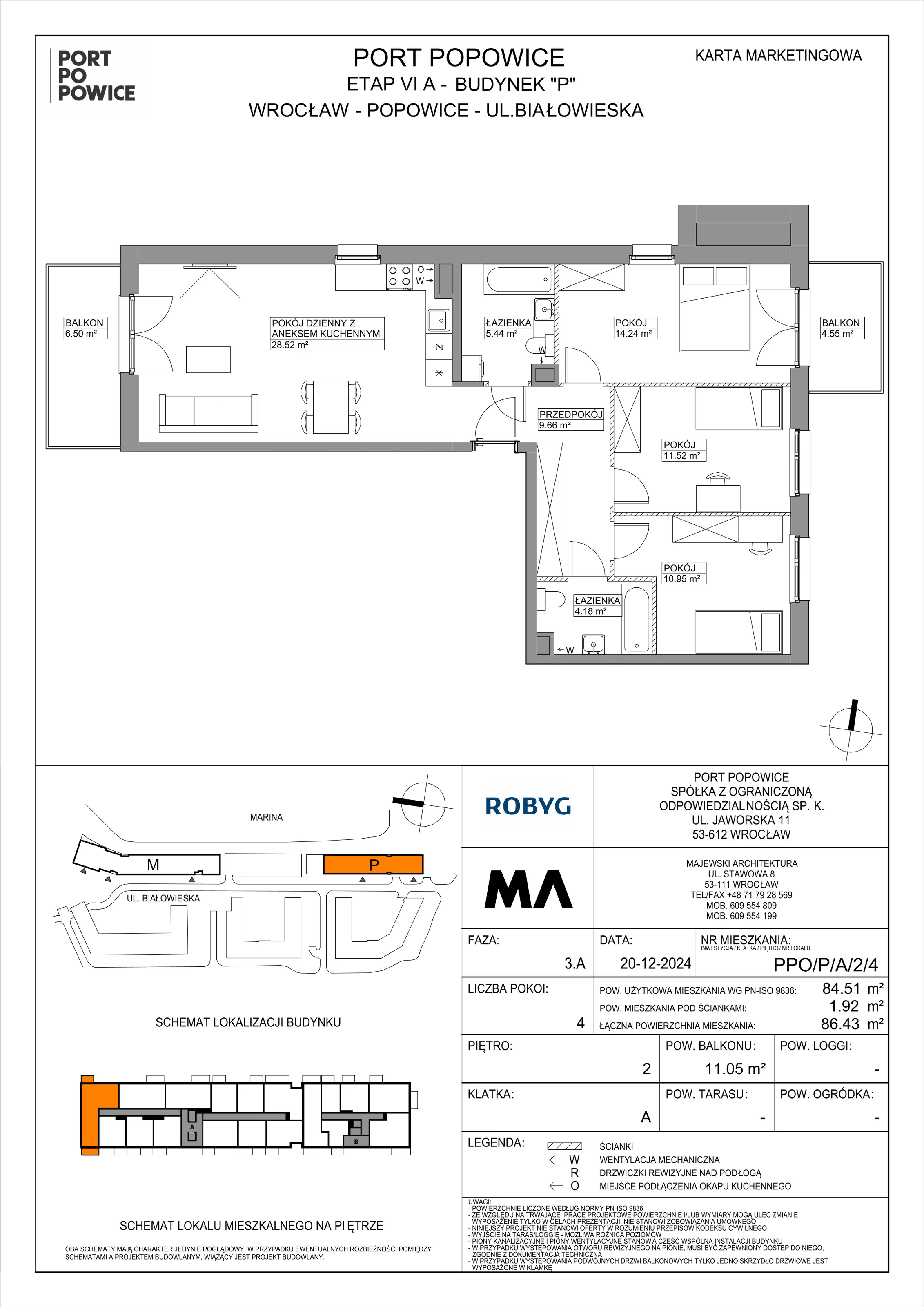 4 pokoje, mieszkanie 84,51 m², piętro 2, oferta nr PPO/P/A/2/4, Port Popowice IVa, Wrocław, Pilczyce-Kozanów-Popowice Północne, Popowice, ul. Białowieska