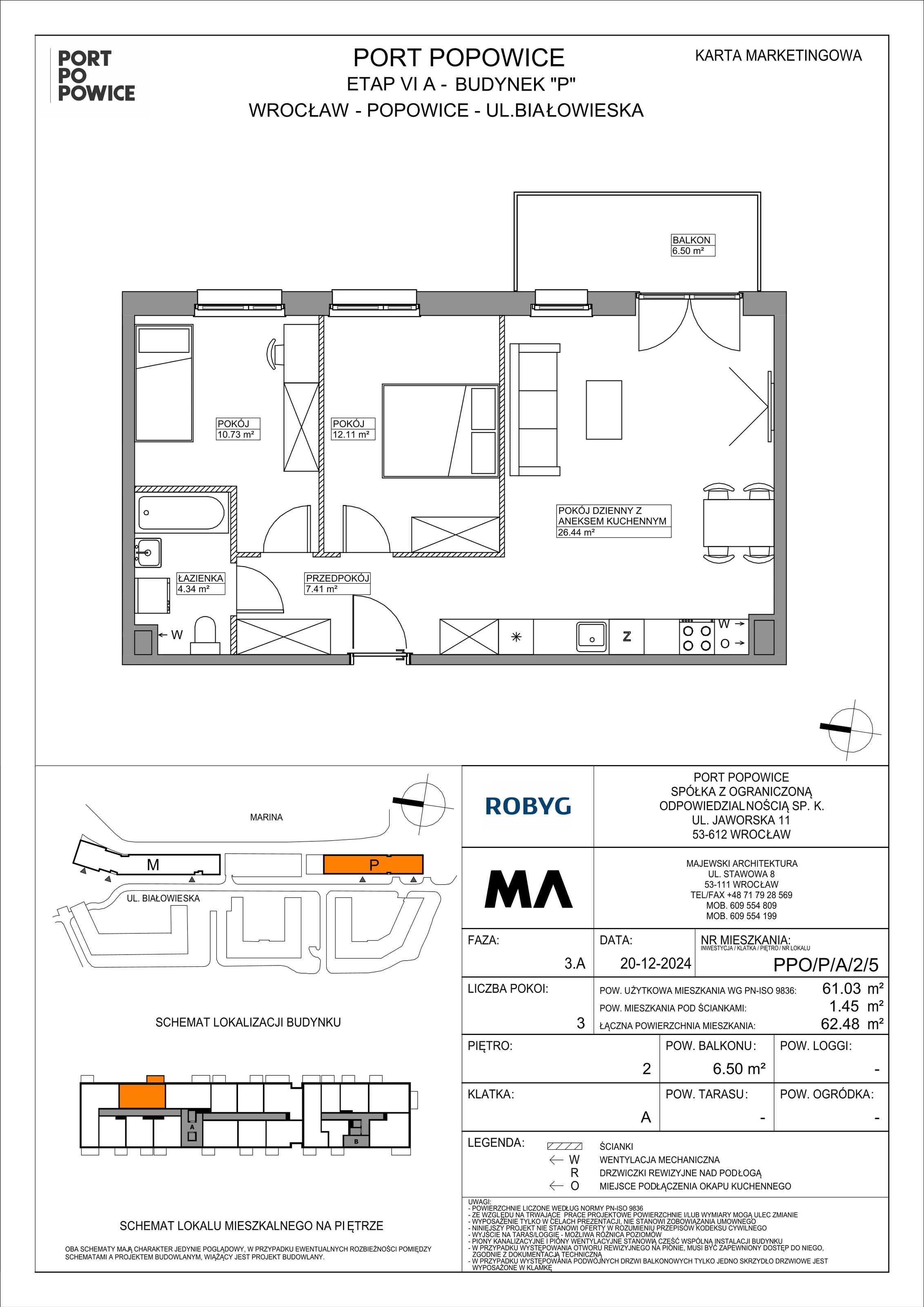 3 pokoje, mieszkanie 61,03 m², piętro 2, oferta nr PPO/P/A/2/5, Port Popowice IVa, Wrocław, Pilczyce-Kozanów-Popowice Północne, Popowice, ul. Białowieska