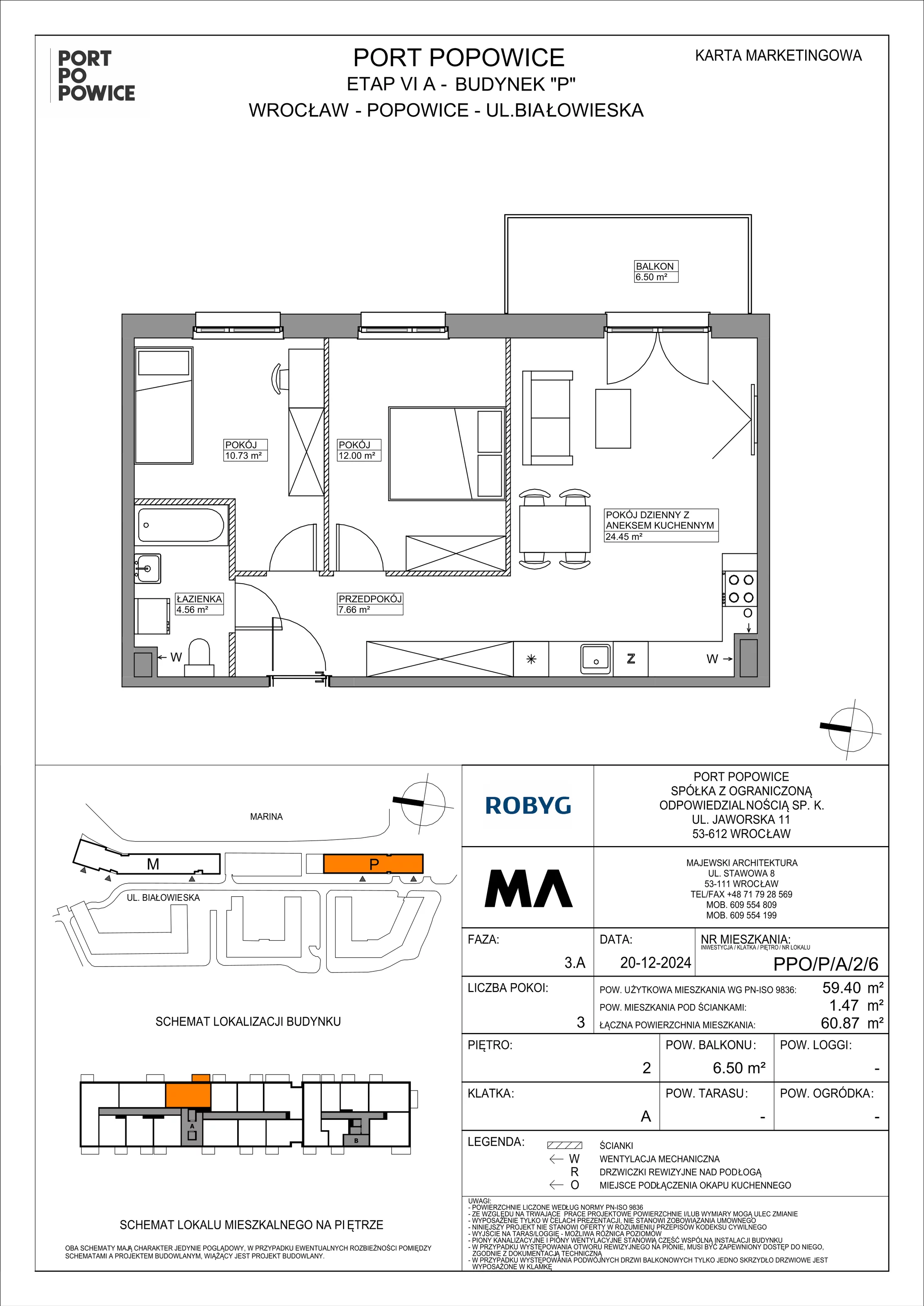 3 pokoje, mieszkanie 59,40 m², piętro 2, oferta nr PPO/P/A/2/6, Port Popowice IVa, Wrocław, Pilczyce-Kozanów-Popowice Północne, Popowice, ul. Białowieska