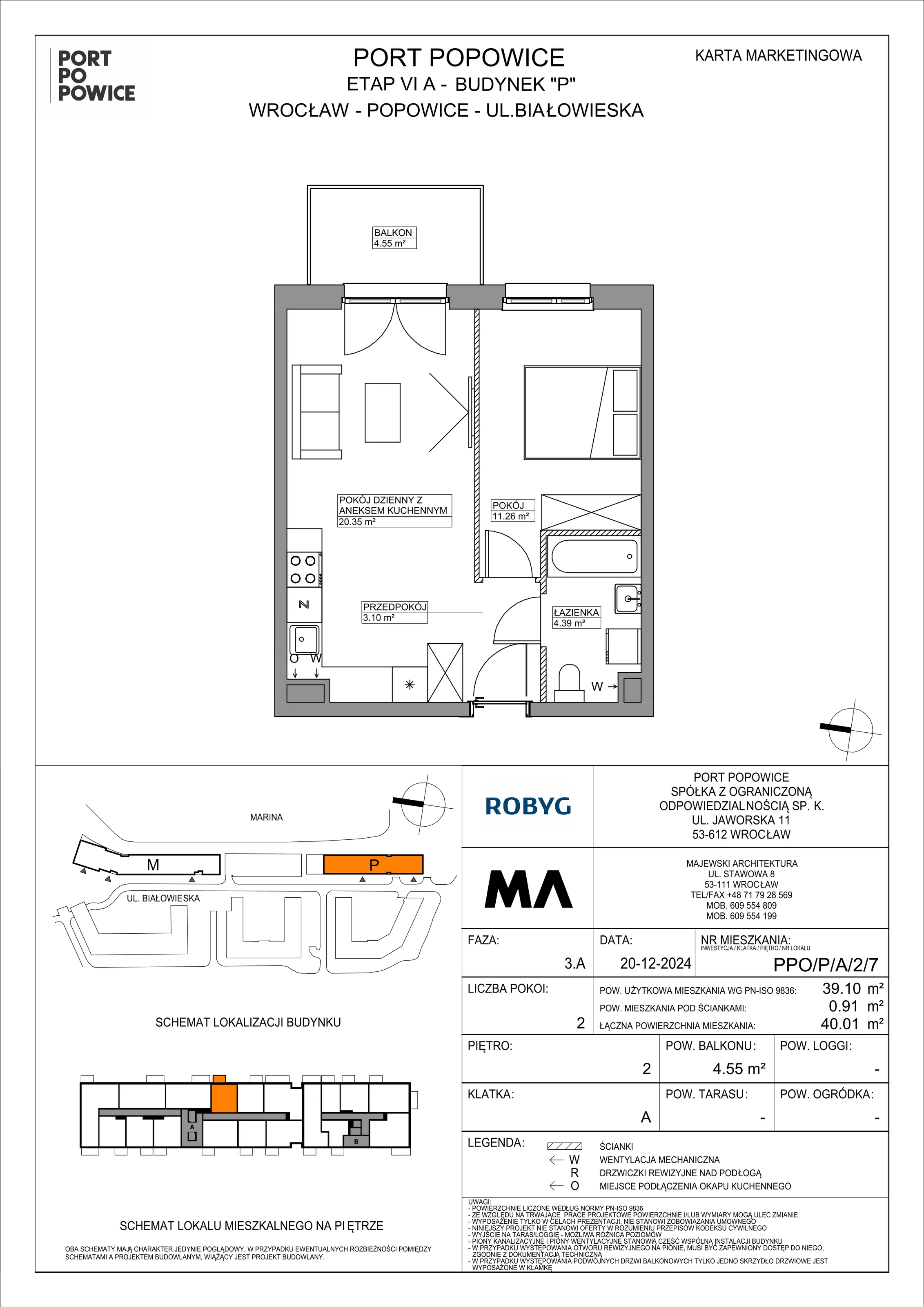 2 pokoje, mieszkanie 39,10 m², piętro 2, oferta nr PPO/P/A/2/7, Port Popowice IVa, Wrocław, Pilczyce-Kozanów-Popowice Północne, Popowice, ul. Białowieska