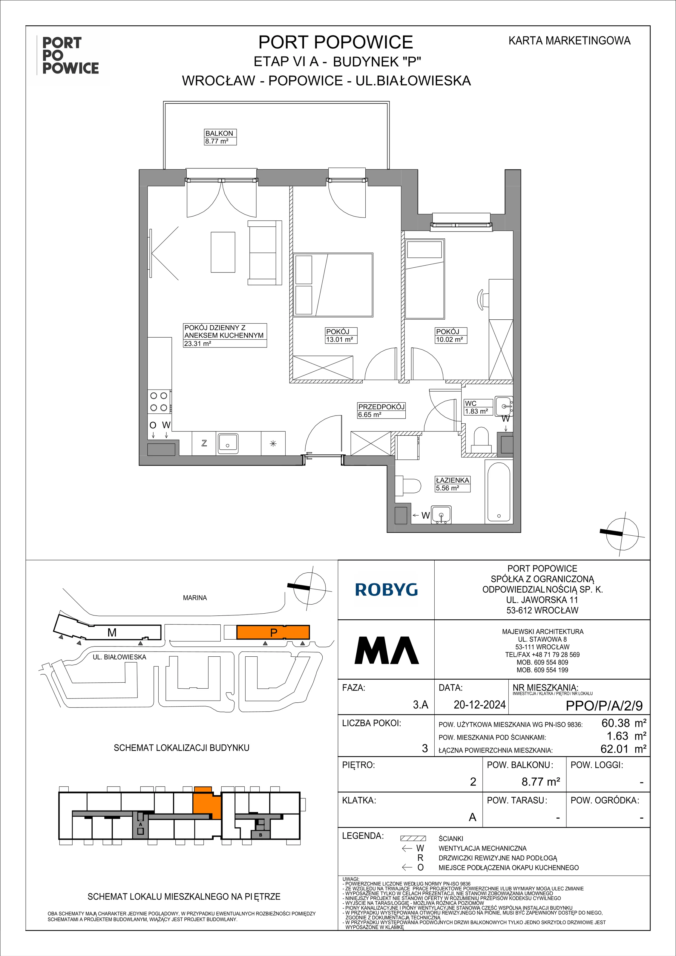 3 pokoje, mieszkanie 60,38 m², piętro 2, oferta nr PPO/P/A/2/9, Port Popowice IVa, Wrocław, Pilczyce-Kozanów-Popowice Północne, Popowice, ul. Białowieska