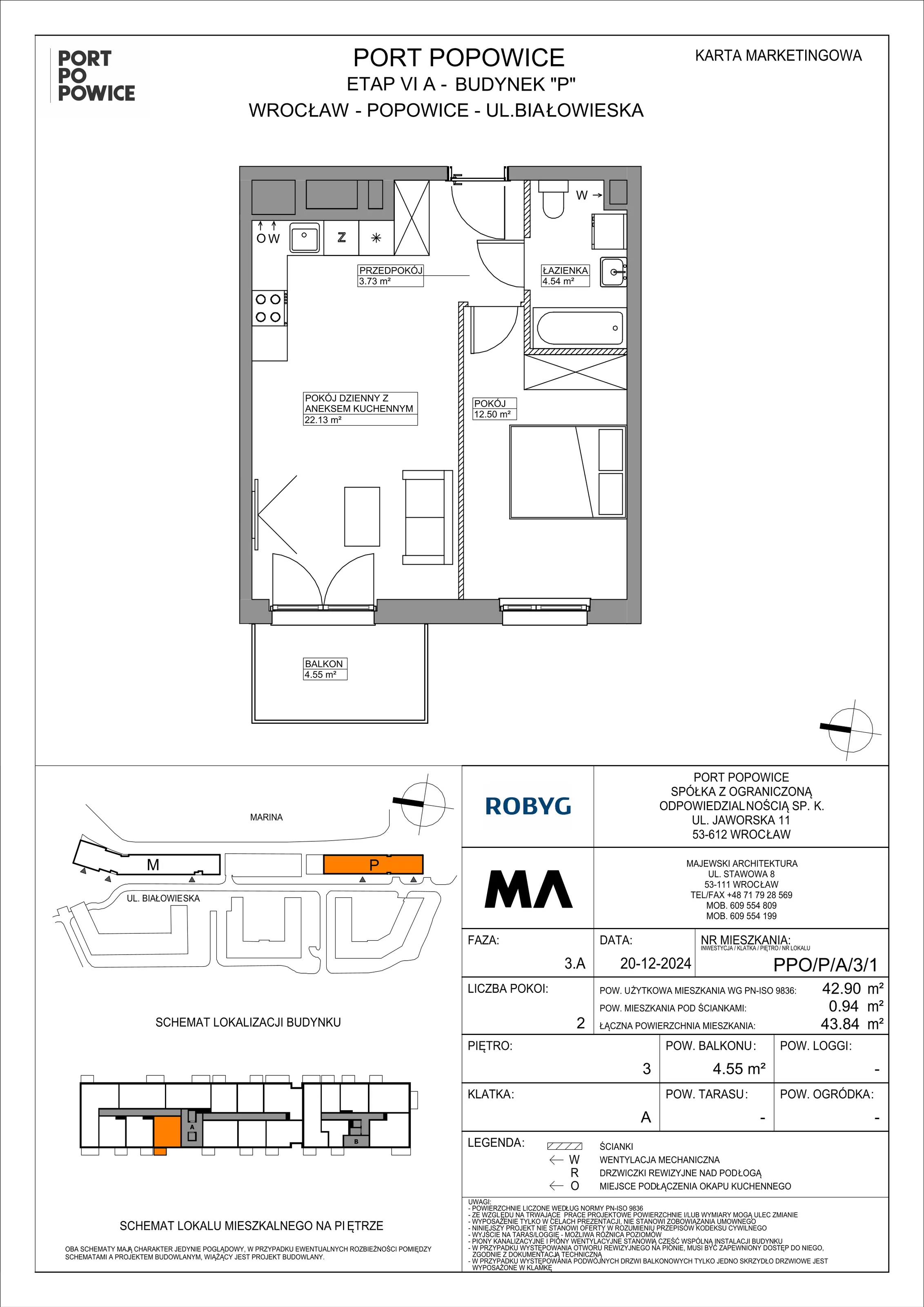 2 pokoje, mieszkanie 42,90 m², piętro 3, oferta nr PPO/P/A/3/1, Port Popowice IVa, Wrocław, Pilczyce-Kozanów-Popowice Północne, Popowice, ul. Białowieska