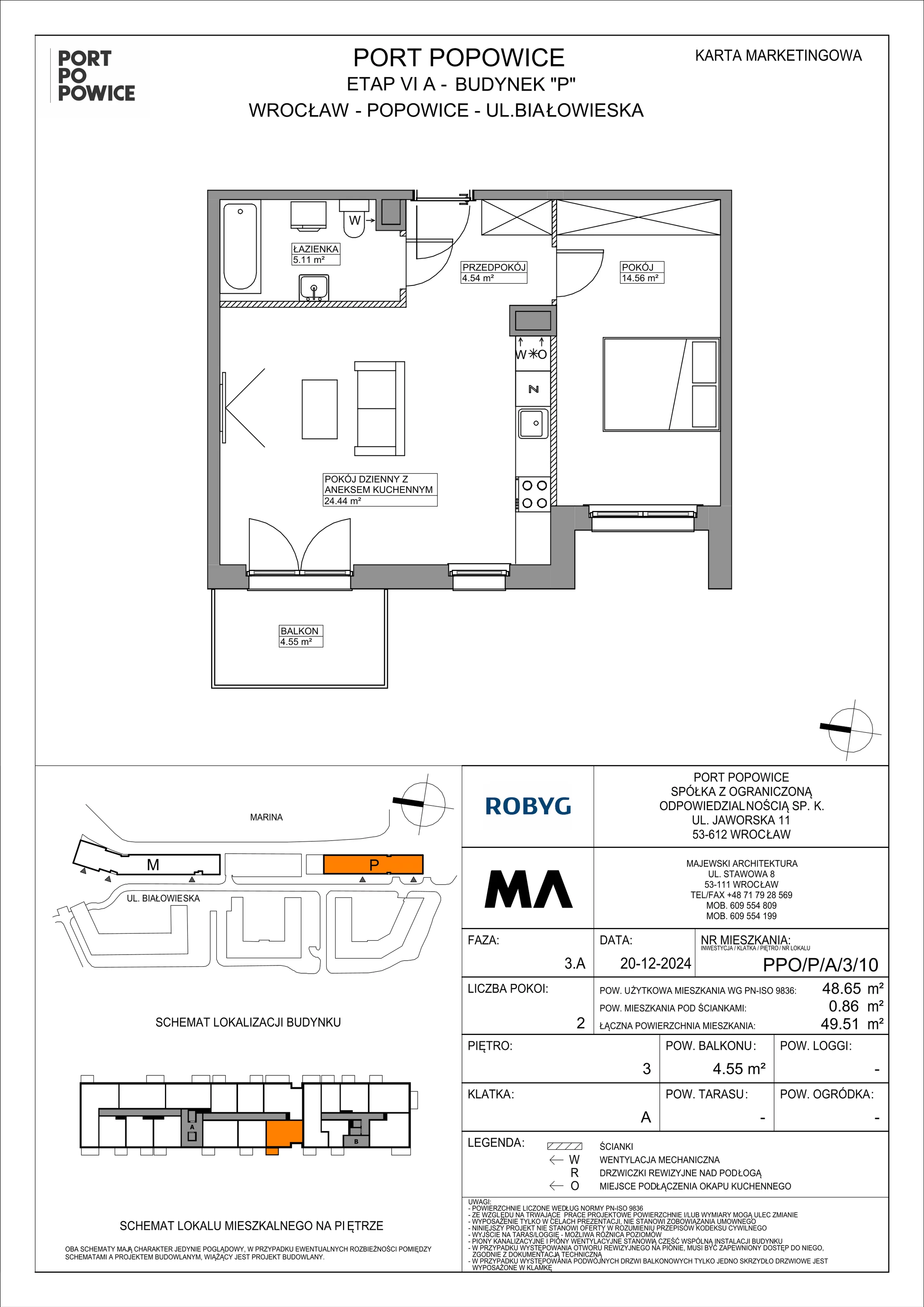 2 pokoje, mieszkanie 48,65 m², piętro 3, oferta nr PPO/P/A/3/10, Port Popowice IVa, Wrocław, Pilczyce-Kozanów-Popowice Północne, Popowice, ul. Białowieska