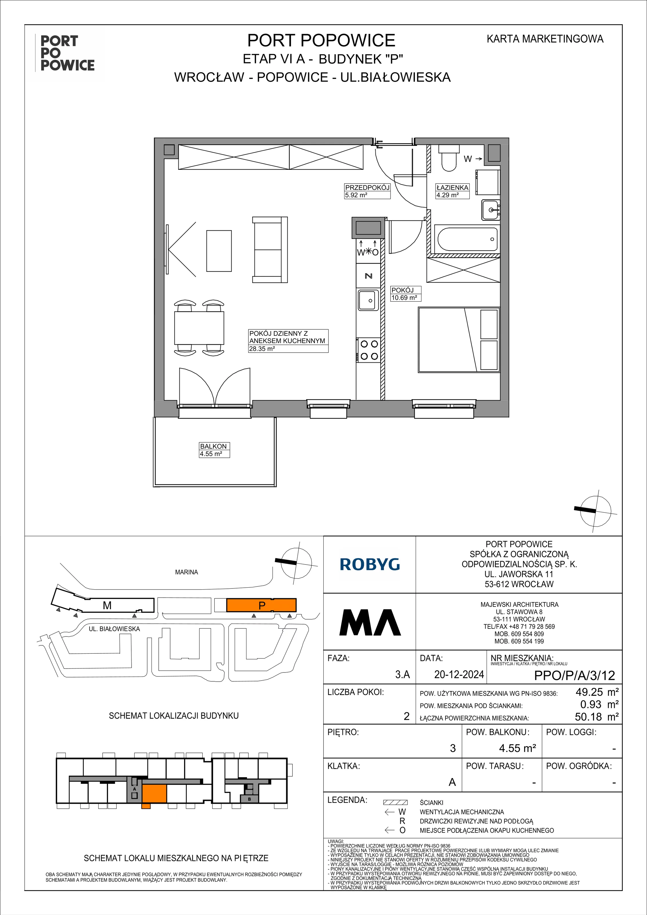 2 pokoje, mieszkanie 49,25 m², piętro 3, oferta nr PPO/P/A/3/12, Port Popowice IVa, Wrocław, Pilczyce-Kozanów-Popowice Północne, Popowice, ul. Białowieska