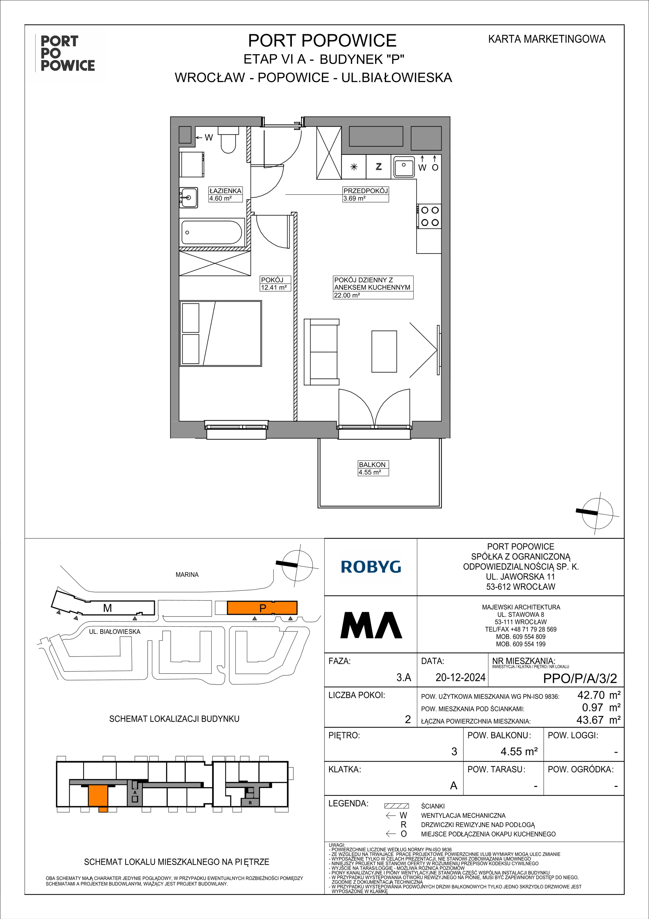 2 pokoje, mieszkanie 42,70 m², piętro 3, oferta nr PPO/P/A/3/2, Port Popowice IVa, Wrocław, Pilczyce-Kozanów-Popowice Północne, Popowice, ul. Białowieska