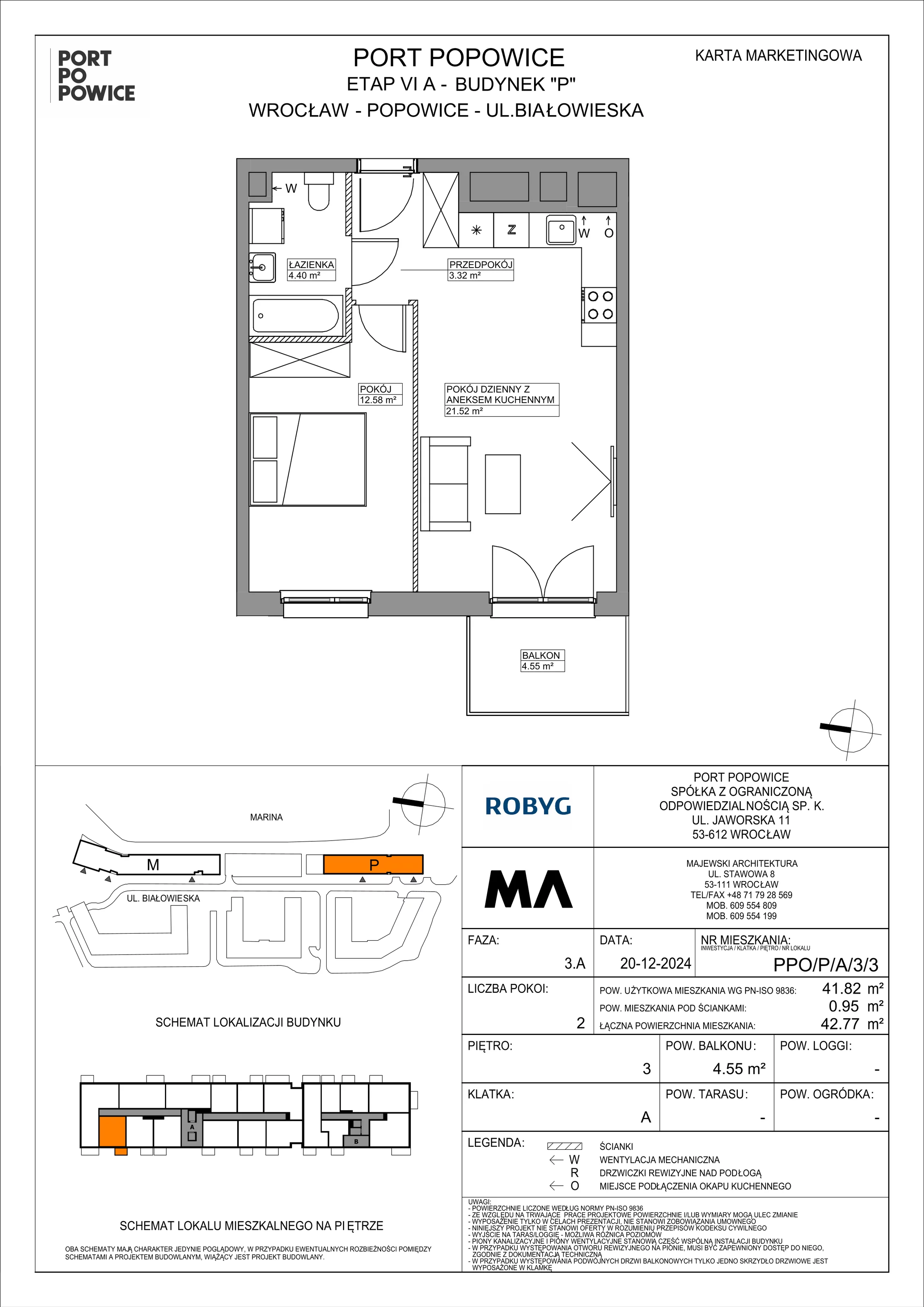 2 pokoje, mieszkanie 41,82 m², piętro 3, oferta nr PPO/P/A/3/3, Port Popowice IVa, Wrocław, Pilczyce-Kozanów-Popowice Północne, Popowice, ul. Białowieska