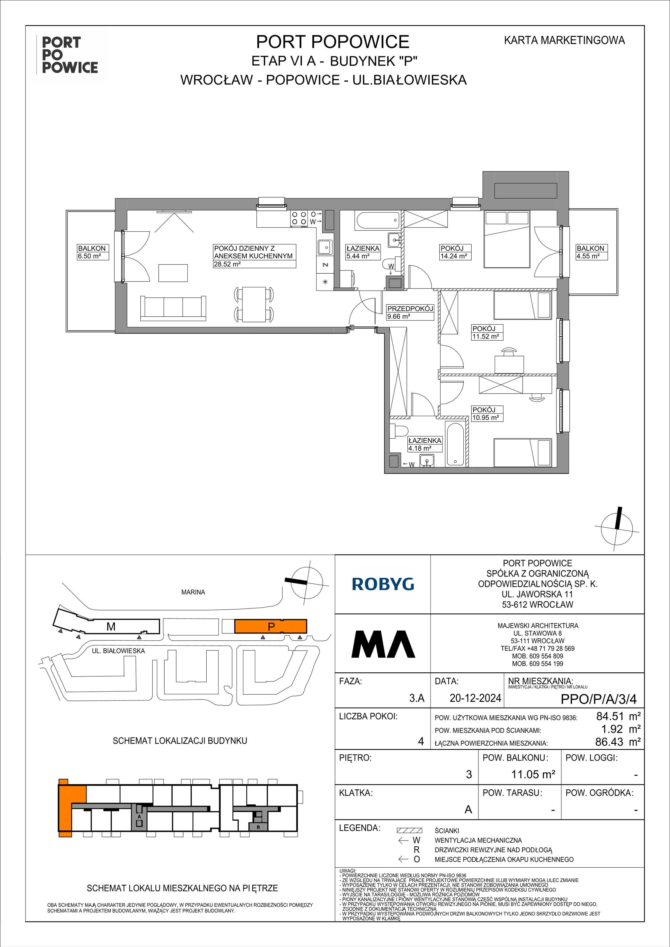 4 pokoje, mieszkanie 84,51 m², piętro 3, oferta nr PPO/P/A/3/4, Port Popowice IVa, Wrocław, Pilczyce-Kozanów-Popowice Północne, Popowice, ul. Białowieska