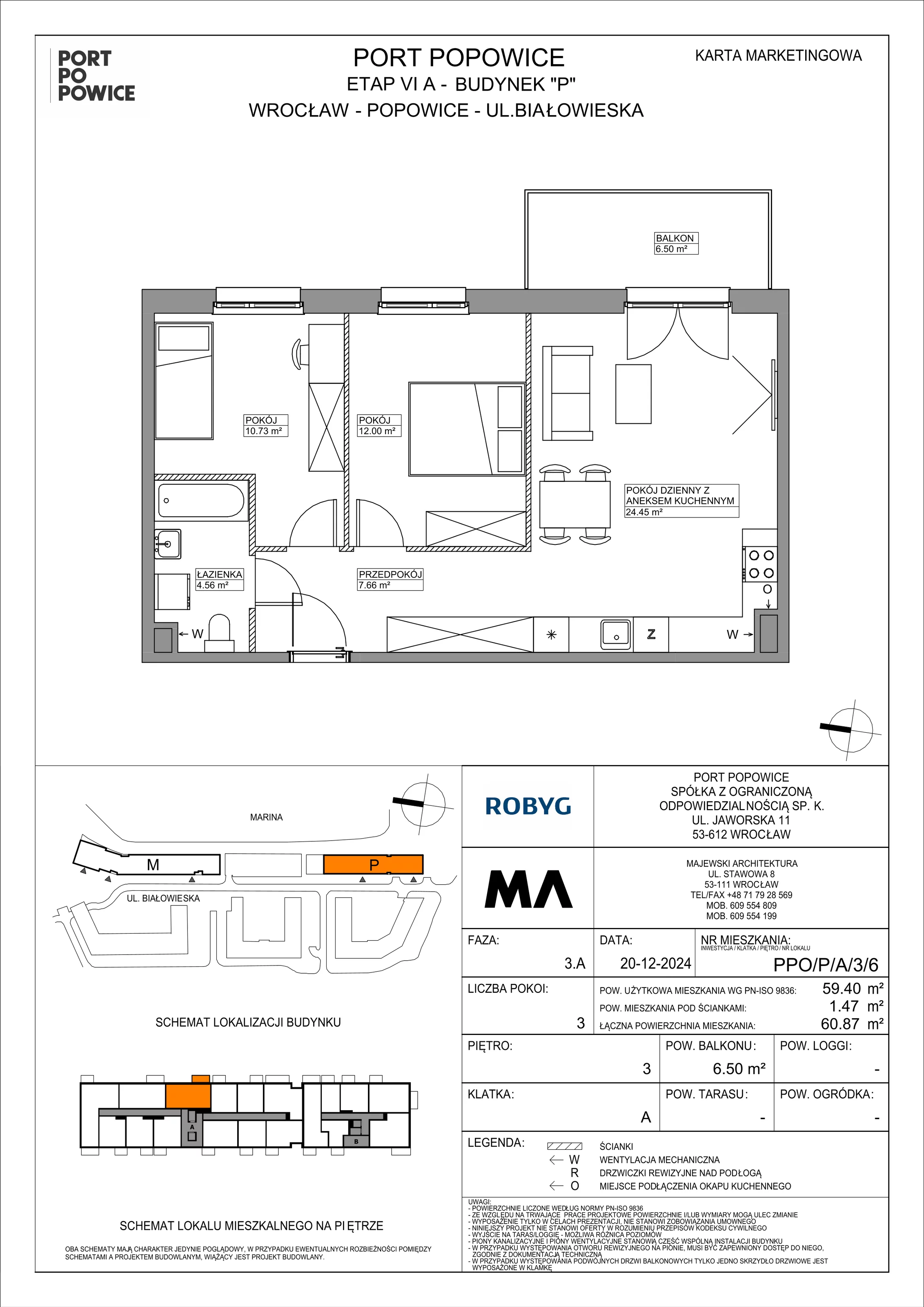 3 pokoje, mieszkanie 59,40 m², piętro 3, oferta nr PPO/P/A/3/6, Port Popowice IVa, Wrocław, Pilczyce-Kozanów-Popowice Północne, Popowice, ul. Białowieska