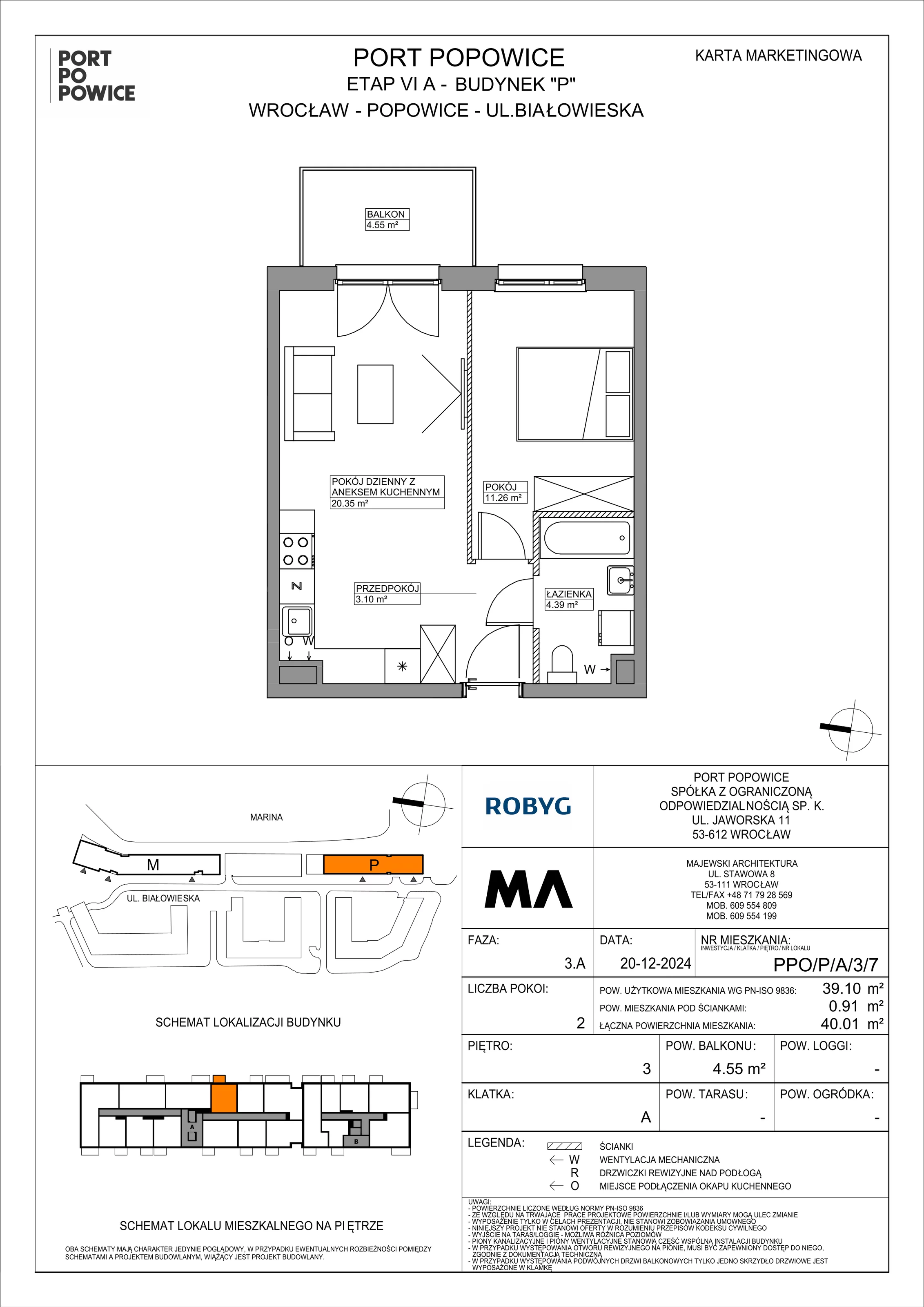 2 pokoje, mieszkanie 39,10 m², piętro 3, oferta nr PPO/P/A/3/7, Port Popowice IVa, Wrocław, Pilczyce-Kozanów-Popowice Północne, Popowice, ul. Białowieska