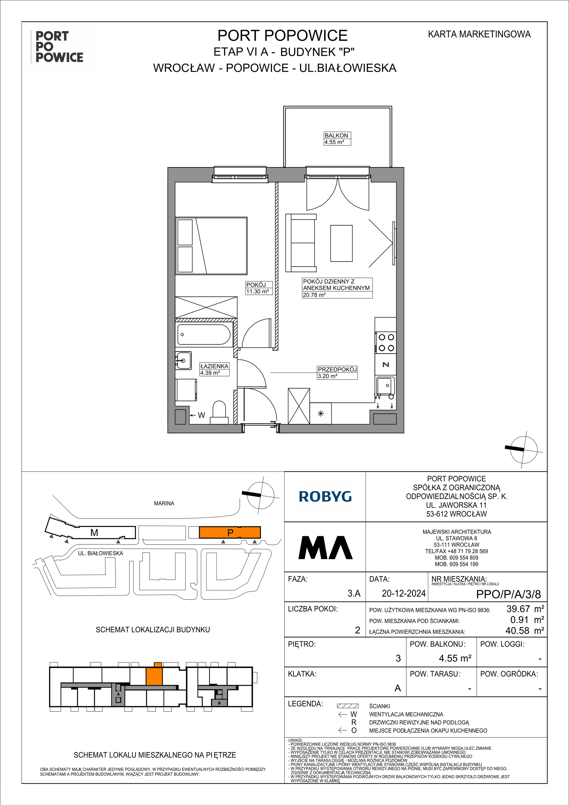 2 pokoje, mieszkanie 39,67 m², piętro 3, oferta nr PPO/P/A/3/8, Port Popowice IVa, Wrocław, Pilczyce-Kozanów-Popowice Północne, Popowice, ul. Białowieska