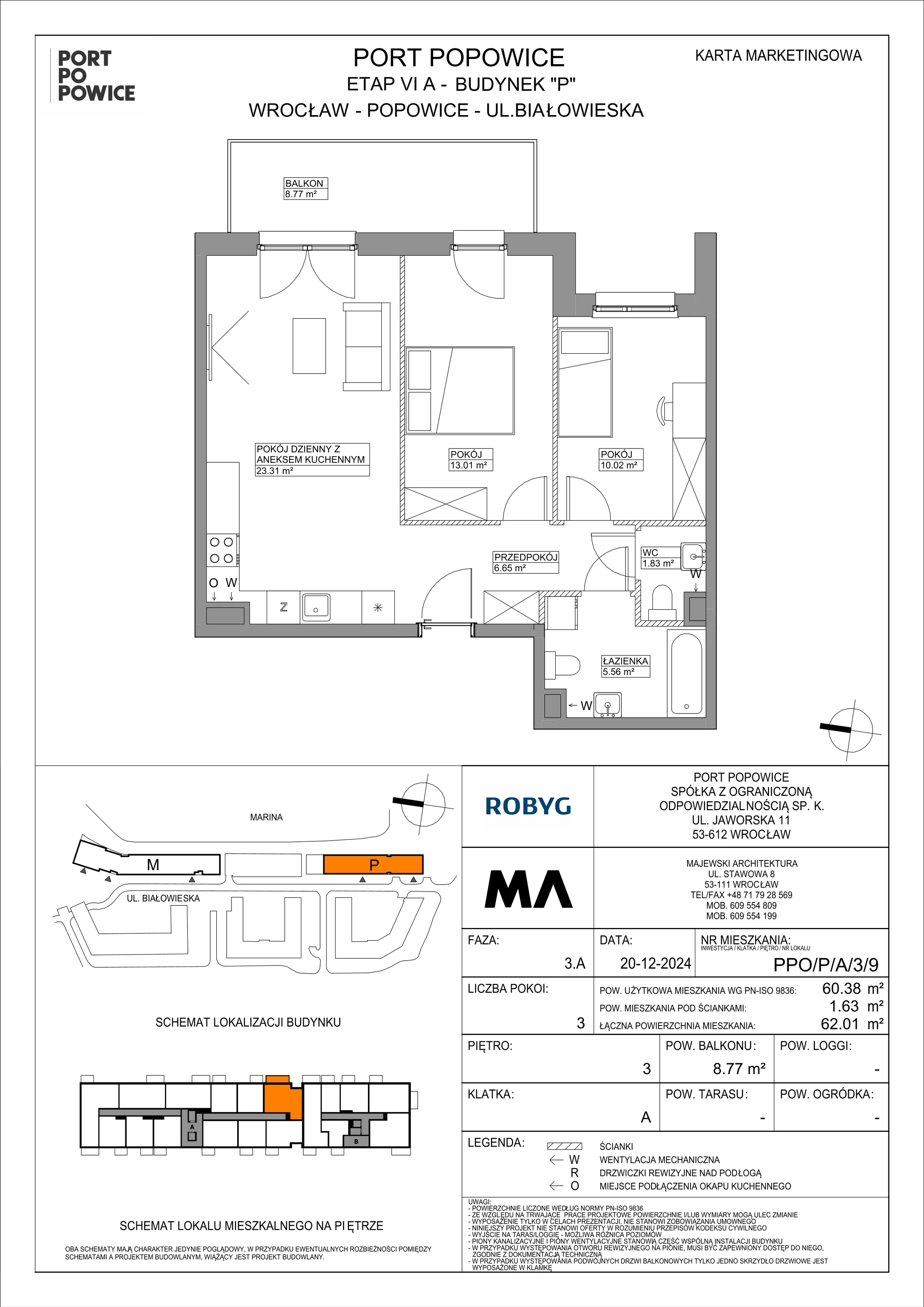 3 pokoje, mieszkanie 60,38 m², piętro 3, oferta nr PPO/P/A/3/9, Port Popowice IVa, Wrocław, Pilczyce-Kozanów-Popowice Północne, Popowice, ul. Białowieska