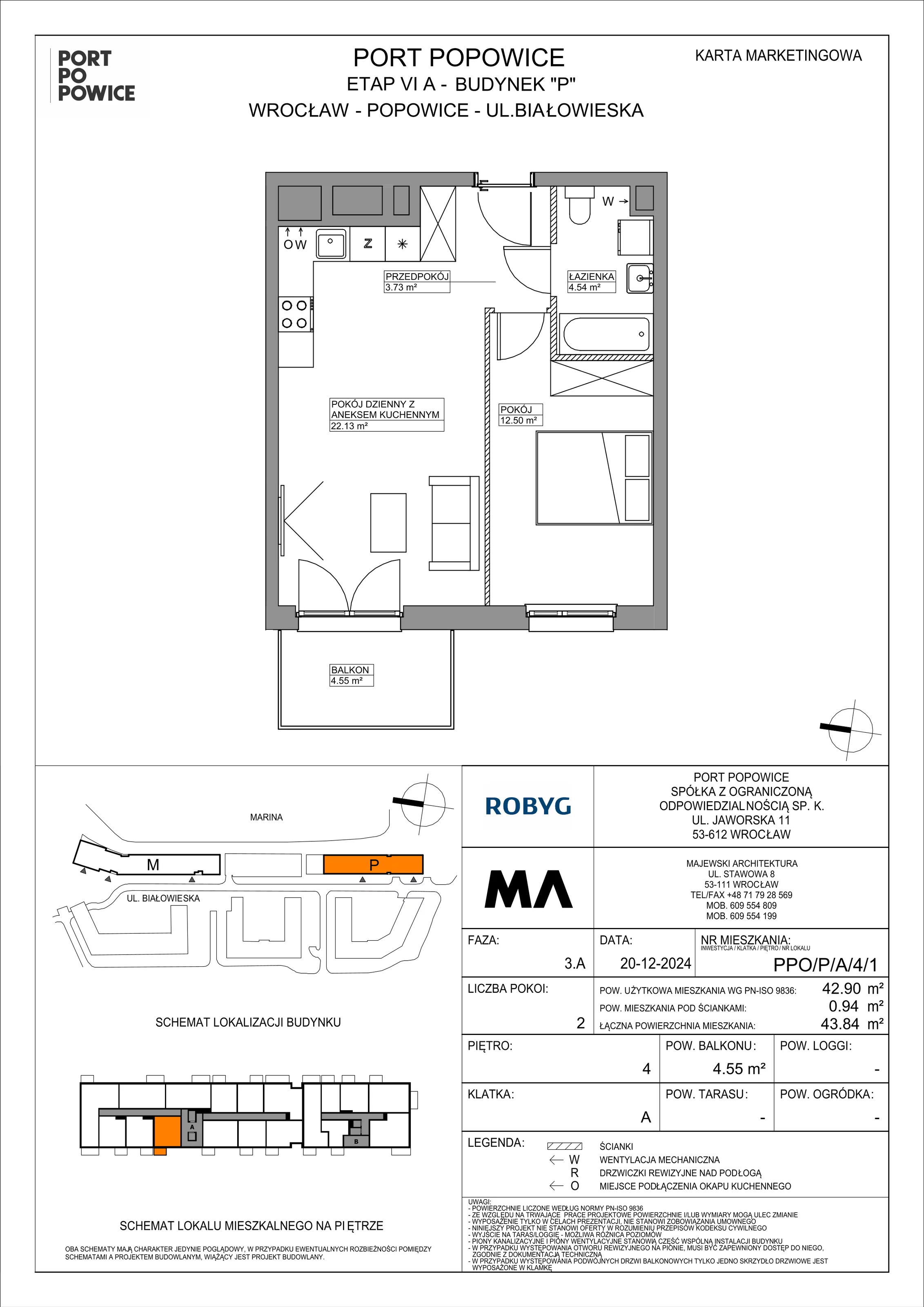 2 pokoje, mieszkanie 42,90 m², piętro 4, oferta nr PPO/P/A/4/1, Port Popowice IVa, Wrocław, Pilczyce-Kozanów-Popowice Północne, Popowice, ul. Białowieska