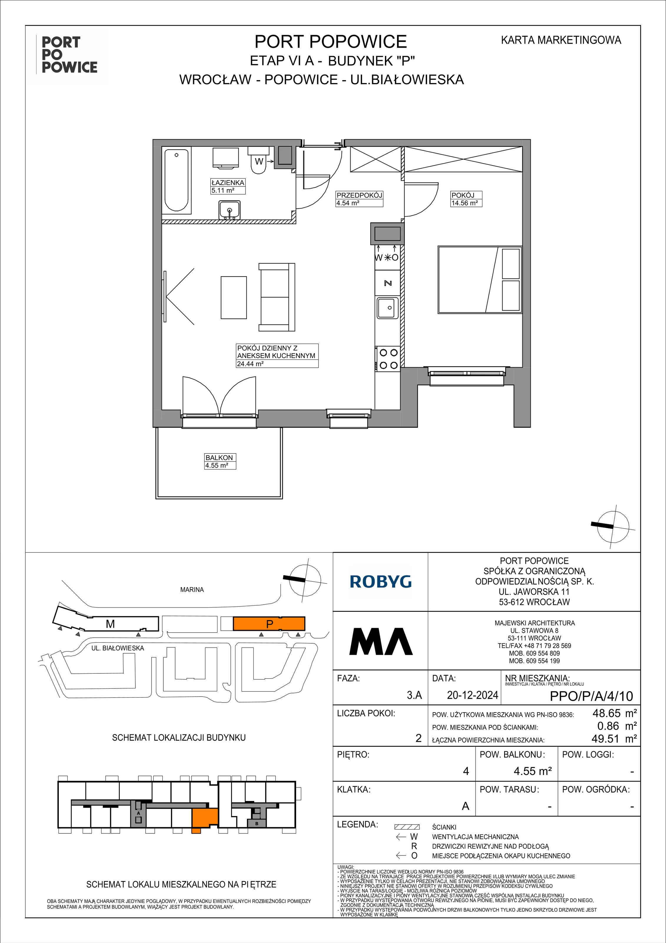 2 pokoje, mieszkanie 48,65 m², piętro 4, oferta nr PPO/P/A/4/10, Port Popowice IVa, Wrocław, Pilczyce-Kozanów-Popowice Północne, Popowice, ul. Białowieska