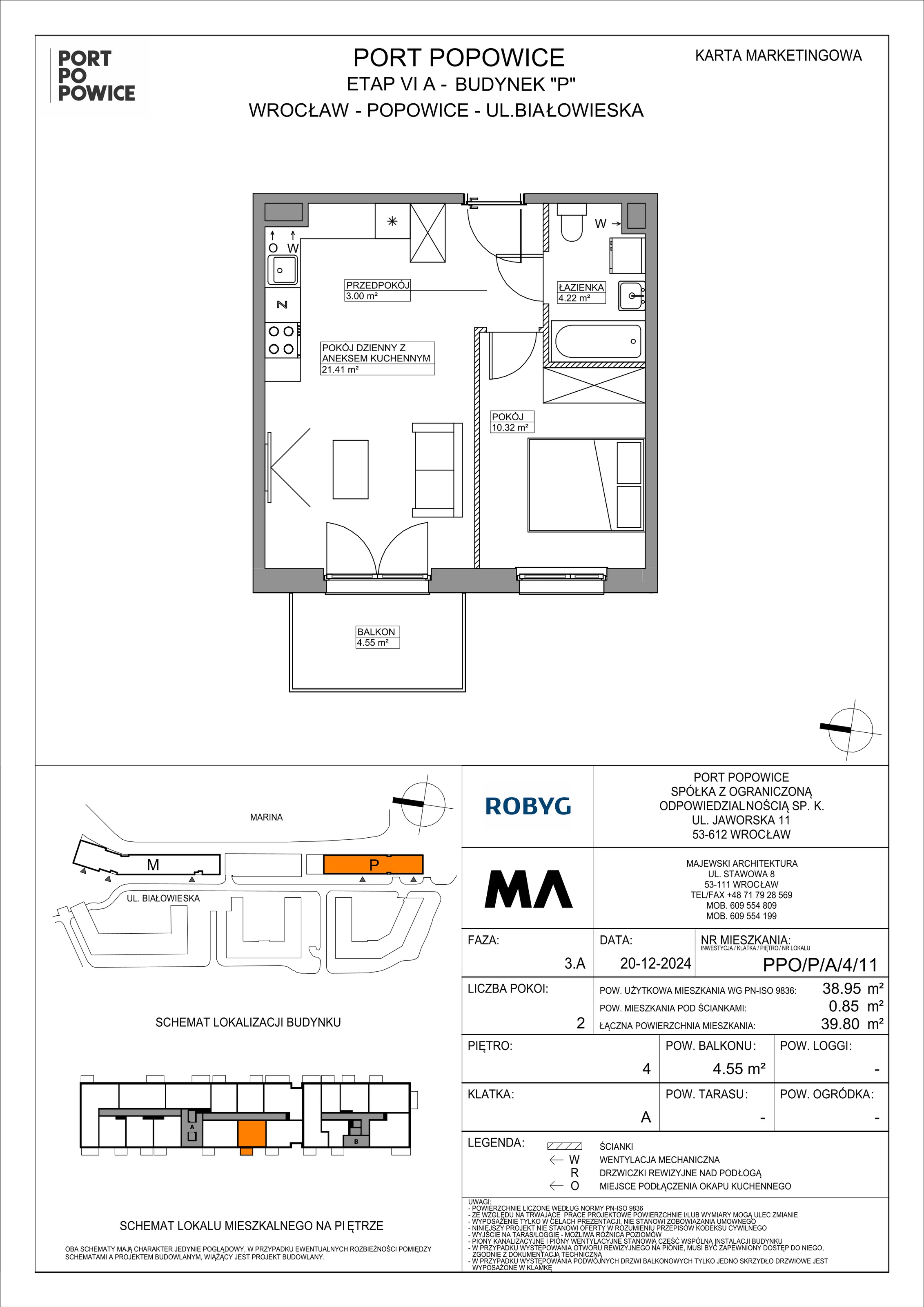 2 pokoje, mieszkanie 38,95 m², piętro 4, oferta nr PPO/P/A/4/11, Port Popowice IVa, Wrocław, Pilczyce-Kozanów-Popowice Północne, Popowice, ul. Białowieska