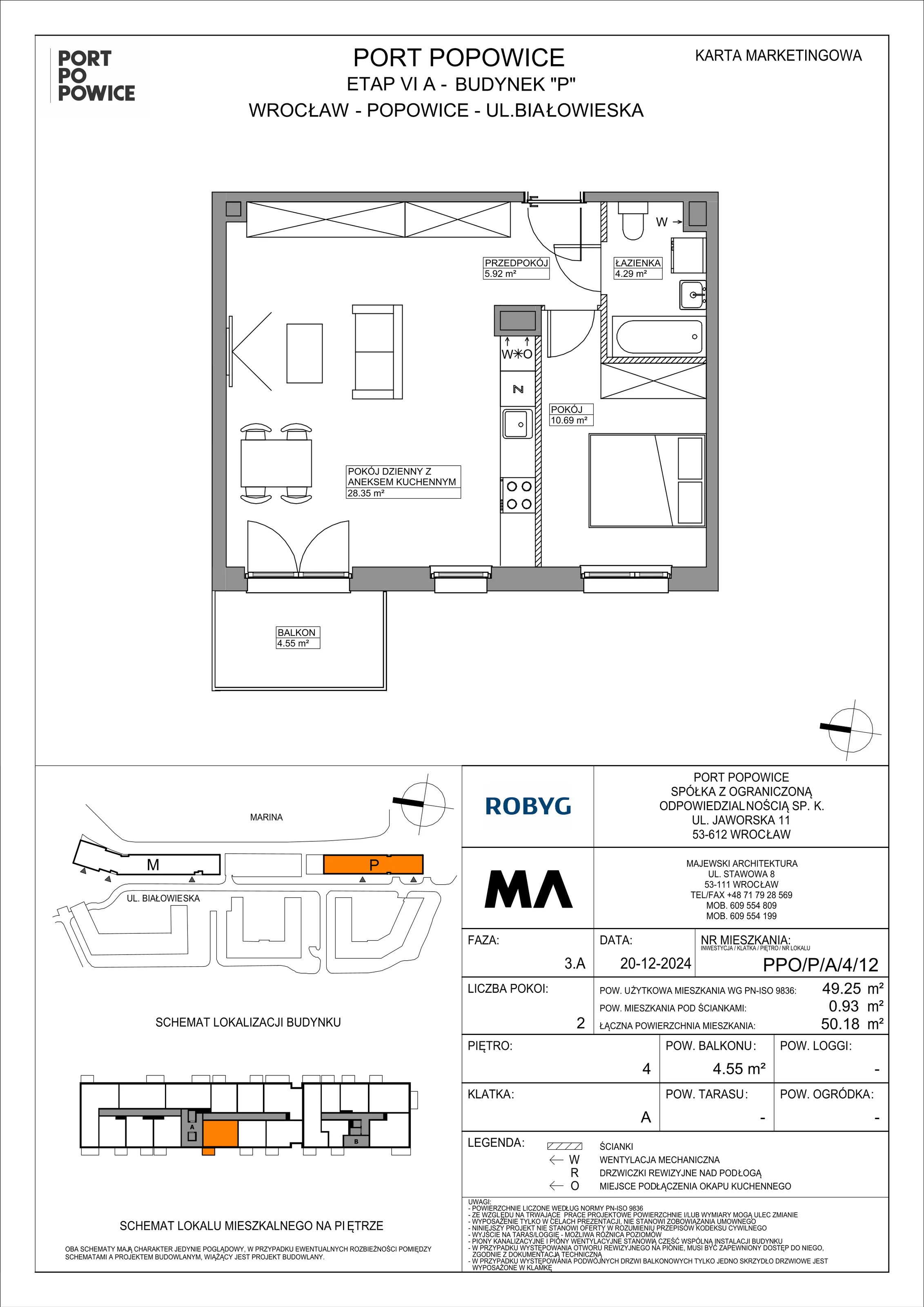 2 pokoje, mieszkanie 49,25 m², piętro 4, oferta nr PPO/P/A/4/12, Port Popowice IVa, Wrocław, Pilczyce-Kozanów-Popowice Północne, Popowice, ul. Białowieska