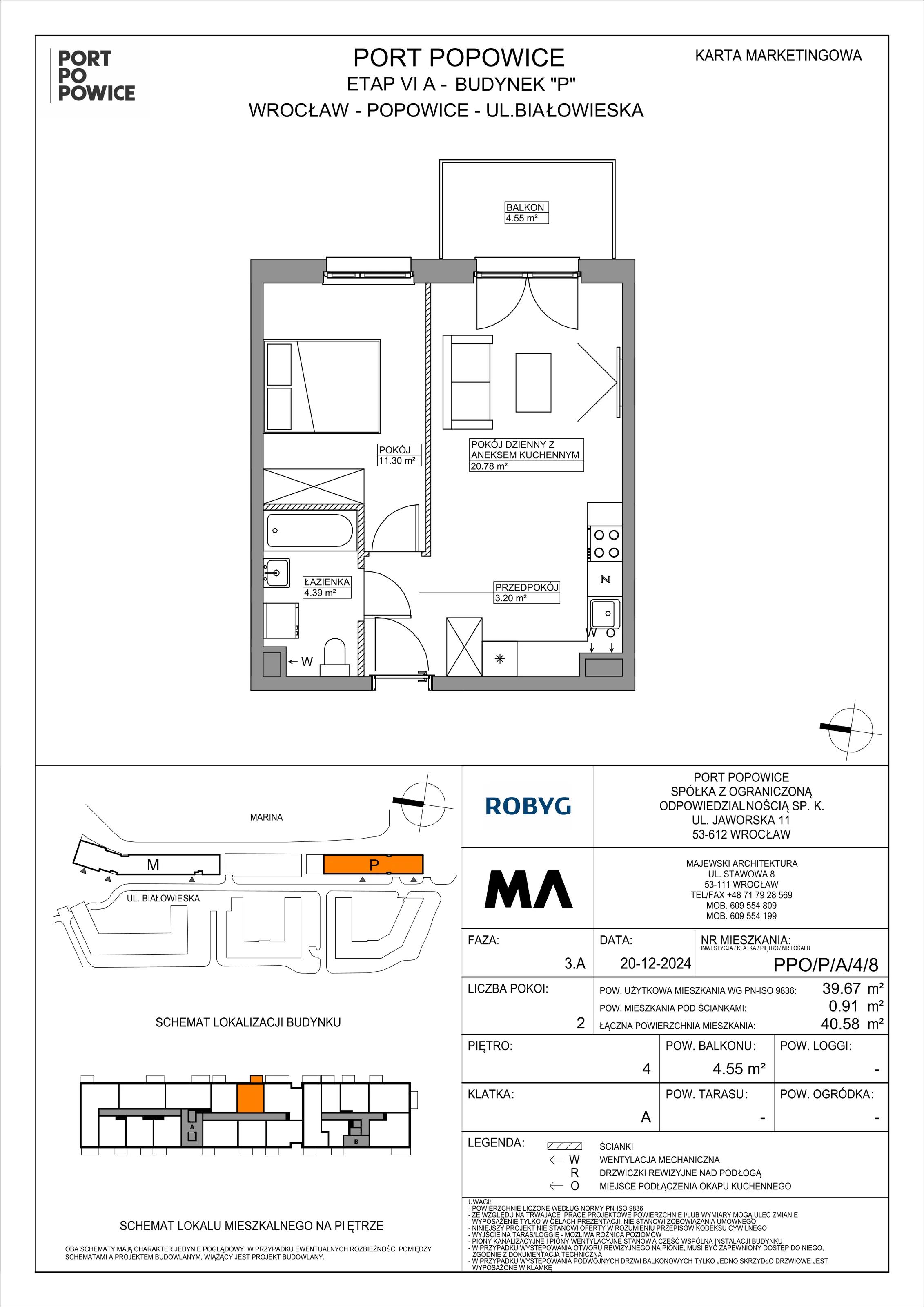 2 pokoje, mieszkanie 39,67 m², piętro 4, oferta nr PPO/P/A/4/8, Port Popowice IVa, Wrocław, Pilczyce-Kozanów-Popowice Północne, Popowice, ul. Białowieska