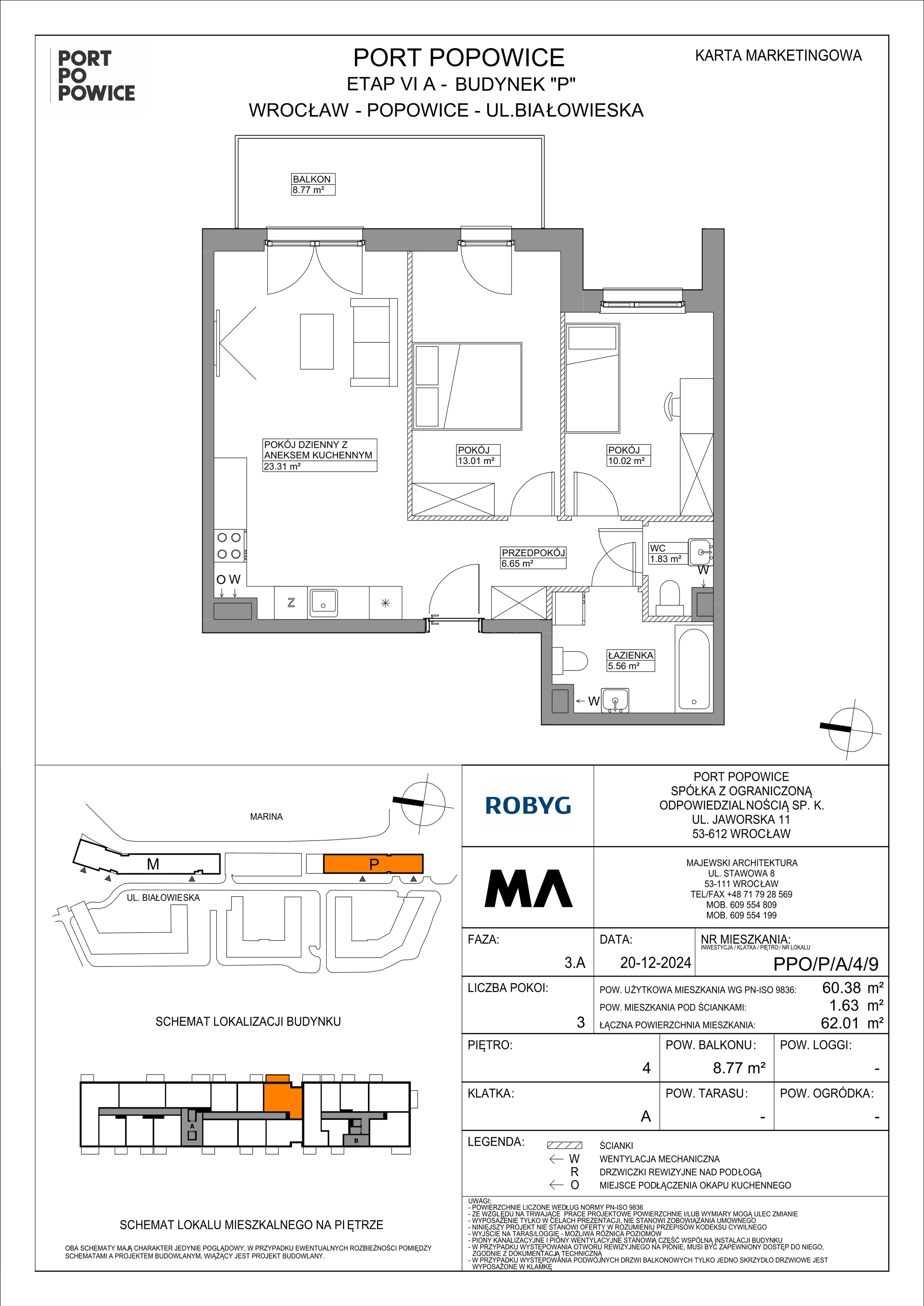 3 pokoje, mieszkanie 60,38 m², piętro 4, oferta nr PPO/P/A/4/9, Port Popowice IVa, Wrocław, Pilczyce-Kozanów-Popowice Północne, Popowice, ul. Białowieska