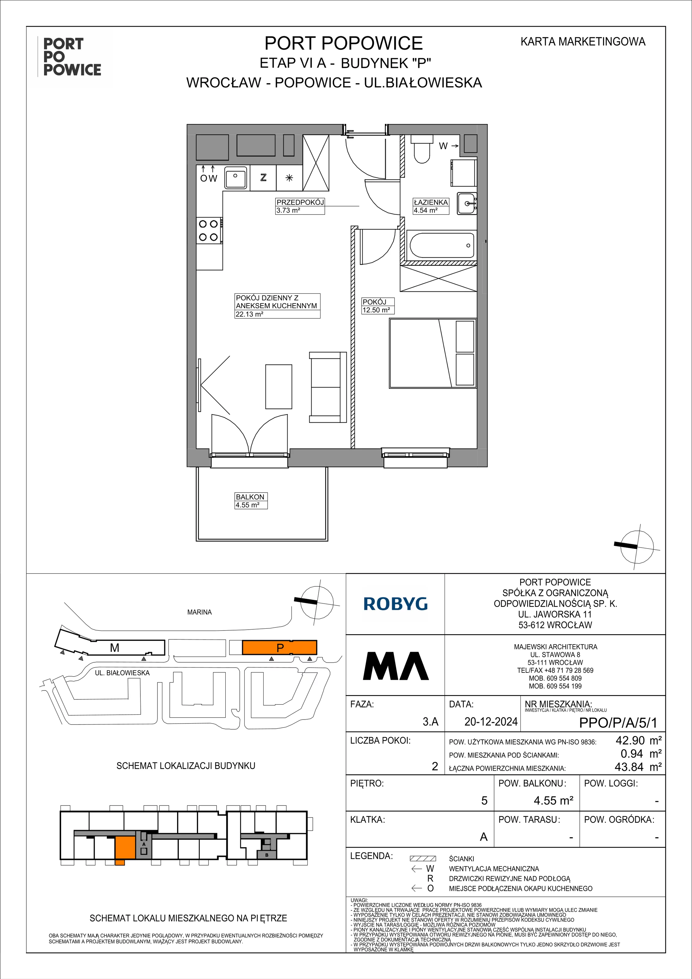 2 pokoje, mieszkanie 42,90 m², piętro 5, oferta nr PPO/P/A/5/1, Port Popowice IVa, Wrocław, Pilczyce-Kozanów-Popowice Północne, Popowice, ul. Białowieska