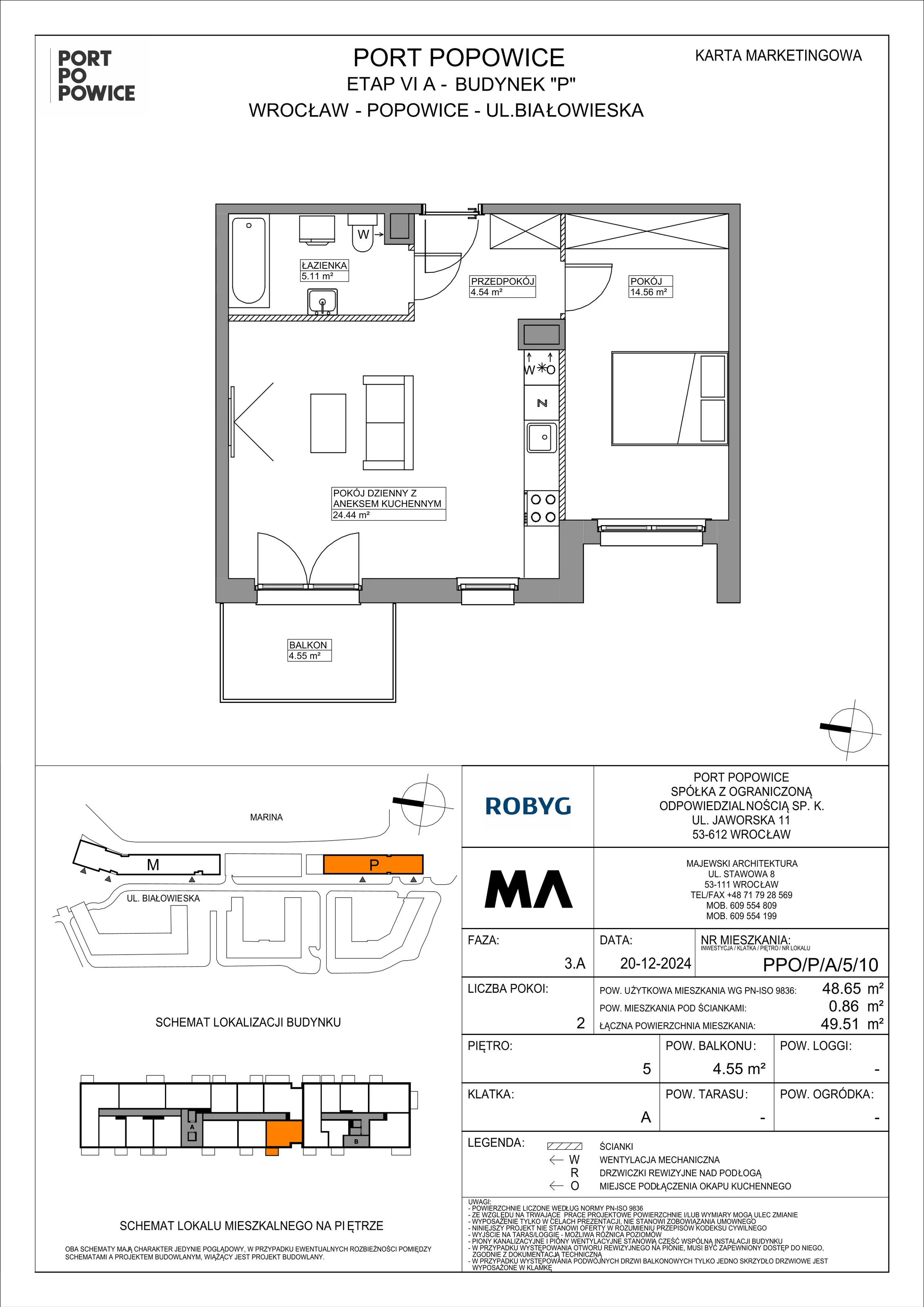 2 pokoje, mieszkanie 48,65 m², piętro 5, oferta nr PPO/P/A/5/10, Port Popowice IVa, Wrocław, Pilczyce-Kozanów-Popowice Północne, Popowice, ul. Białowieska