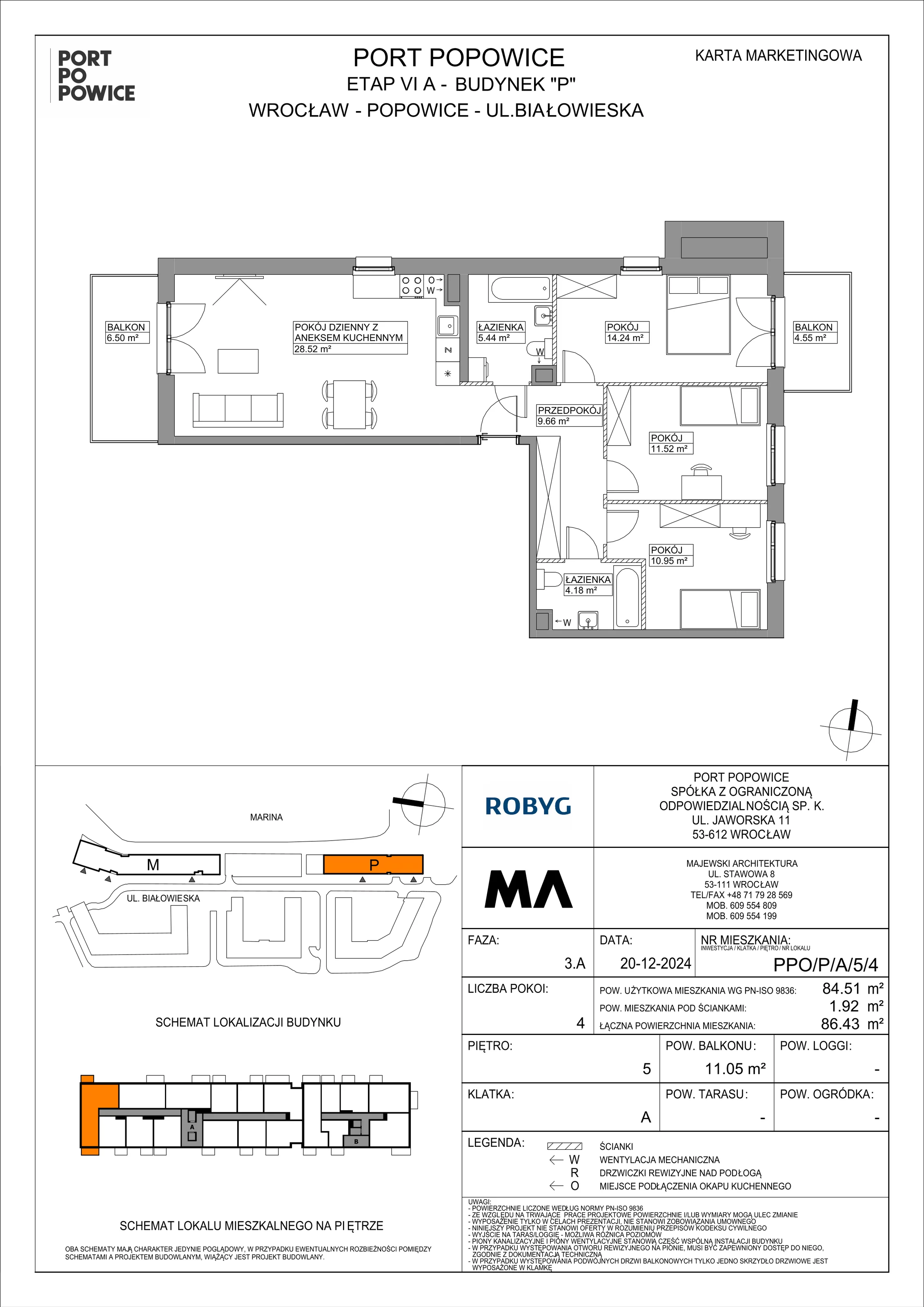 4 pokoje, mieszkanie 84,51 m², piętro 5, oferta nr PPO/P/A/5/4, Port Popowice IVa, Wrocław, Pilczyce-Kozanów-Popowice Północne, Popowice, ul. Białowieska