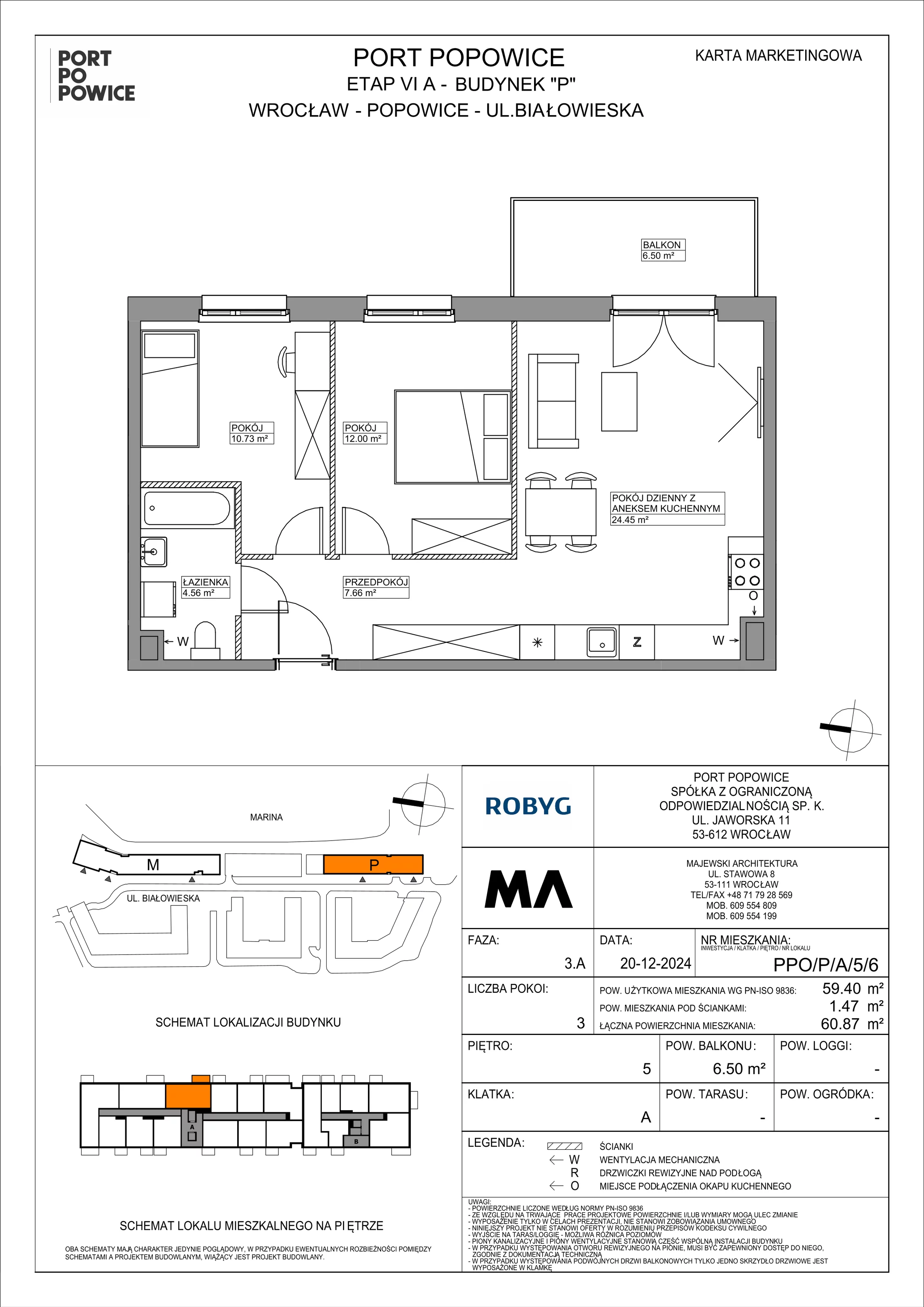 3 pokoje, mieszkanie 59,40 m², piętro 5, oferta nr PPO/P/A/5/6, Port Popowice IVa, Wrocław, Pilczyce-Kozanów-Popowice Północne, Popowice, ul. Białowieska