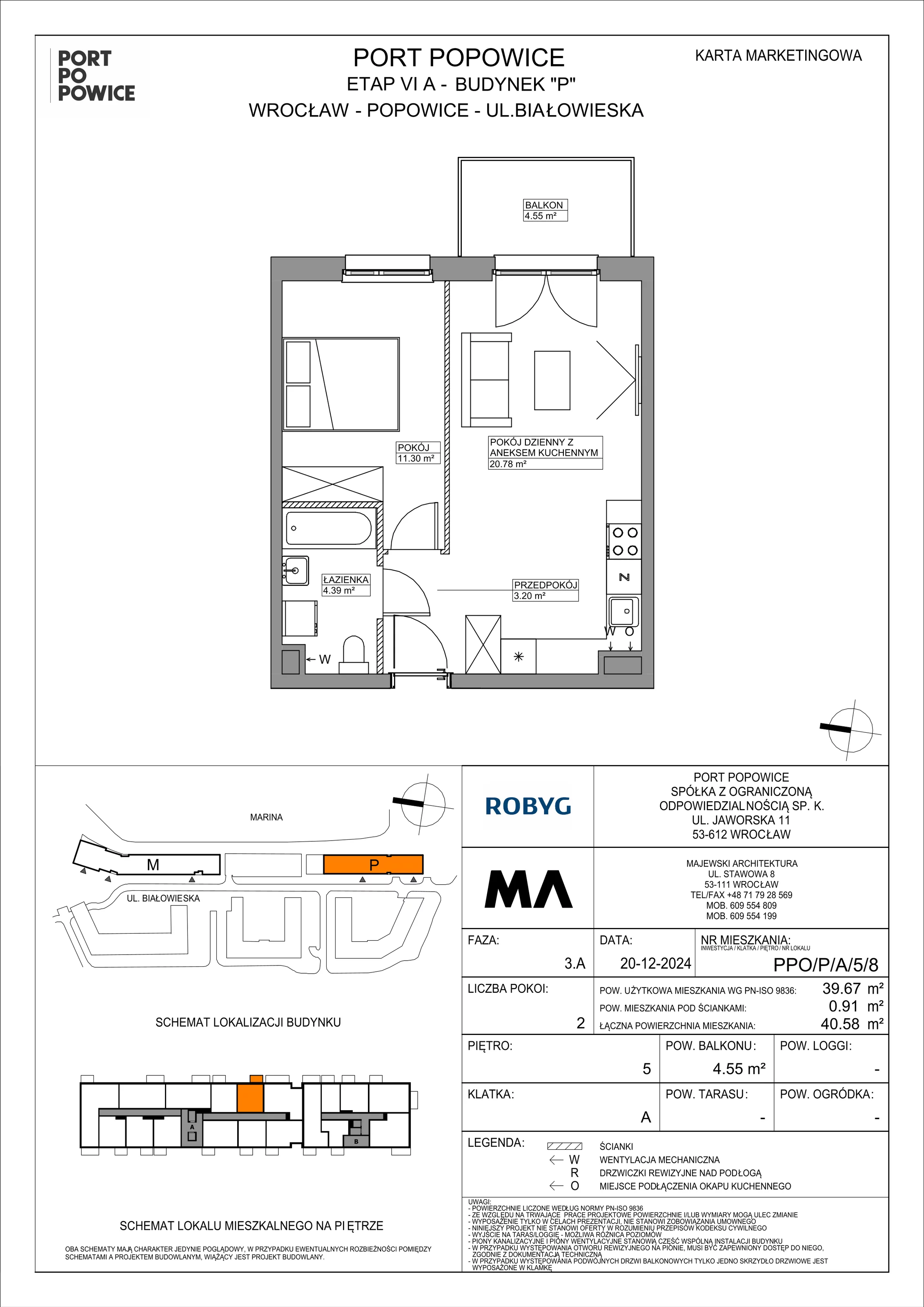 2 pokoje, mieszkanie 39,67 m², piętro 5, oferta nr PPO/P/A/5/8, Port Popowice IVa, Wrocław, Pilczyce-Kozanów-Popowice Północne, Popowice, ul. Białowieska