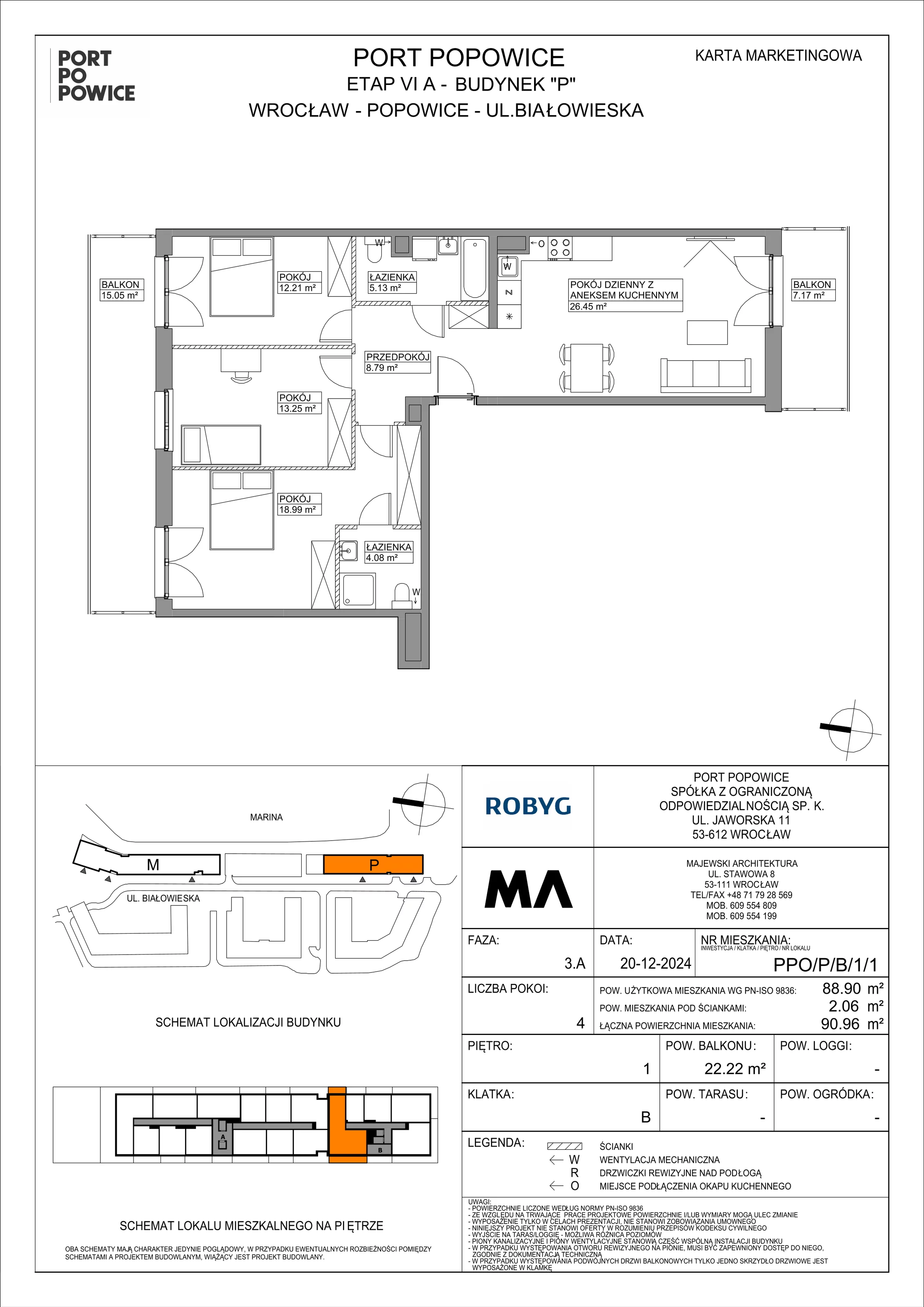 4 pokoje, mieszkanie 88,90 m², piętro 1, oferta nr PPO/P/B/1/1, Port Popowice IVa, Wrocław, Pilczyce-Kozanów-Popowice Północne, Popowice, ul. Białowieska