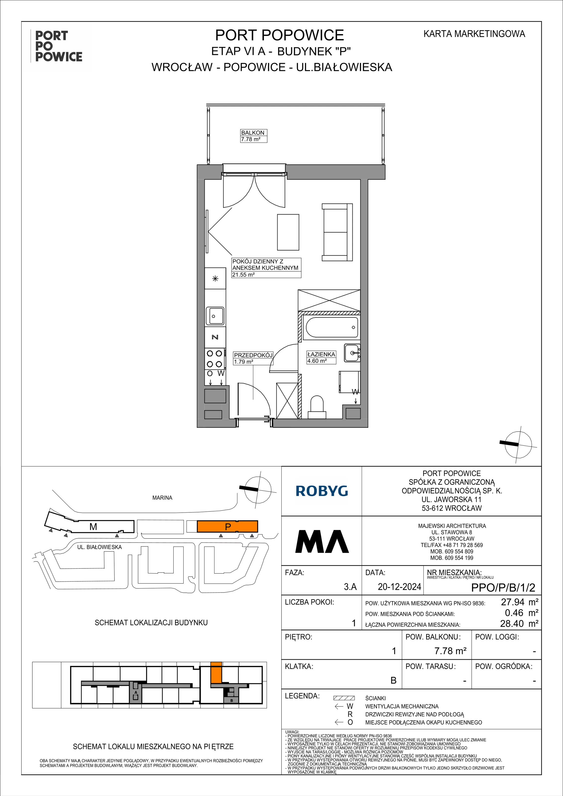 1 pokój, mieszkanie 27,94 m², piętro 1, oferta nr PPO/P/B/1/2, Port Popowice IVa, Wrocław, Pilczyce-Kozanów-Popowice Północne, Popowice, ul. Białowieska