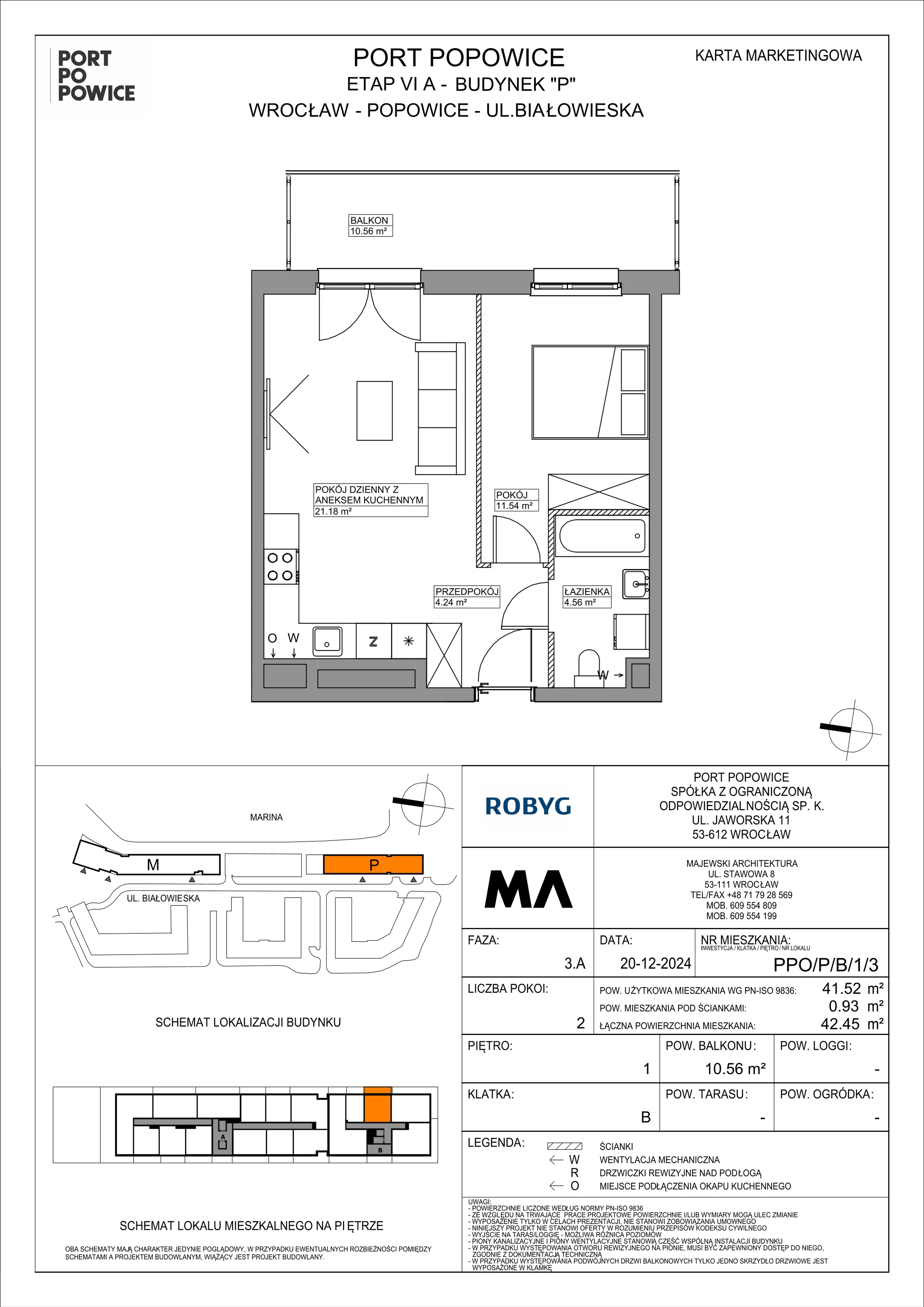 2 pokoje, mieszkanie 41,52 m², piętro 1, oferta nr PPO/P/B/1/3, Port Popowice IVa, Wrocław, Pilczyce-Kozanów-Popowice Północne, Popowice, ul. Białowieska