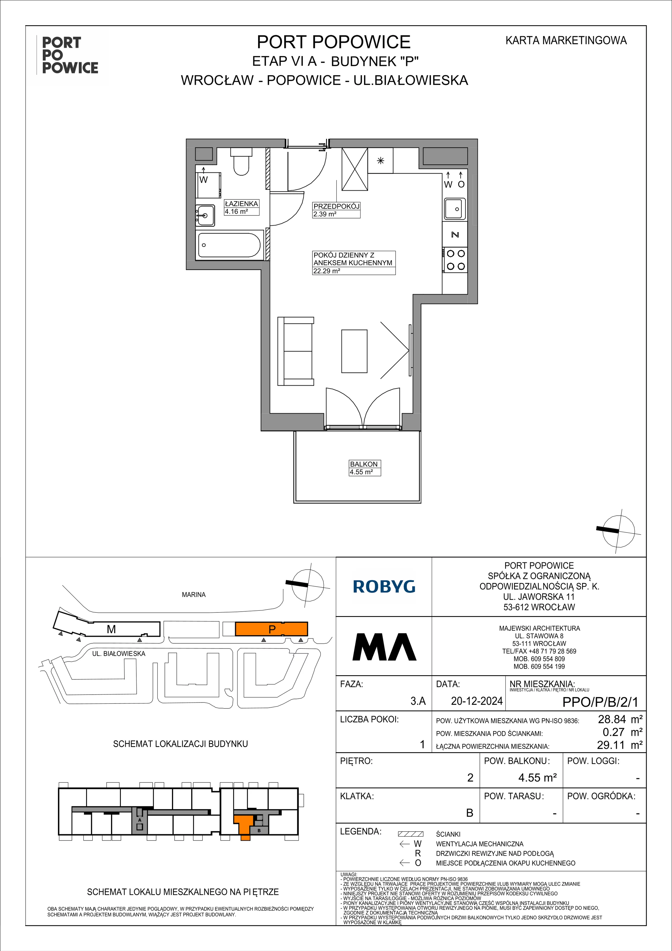 1 pokój, mieszkanie 28,84 m², piętro 2, oferta nr PPO/P/B/2/1, Port Popowice IVa, Wrocław, Pilczyce-Kozanów-Popowice Północne, Popowice, ul. Białowieska