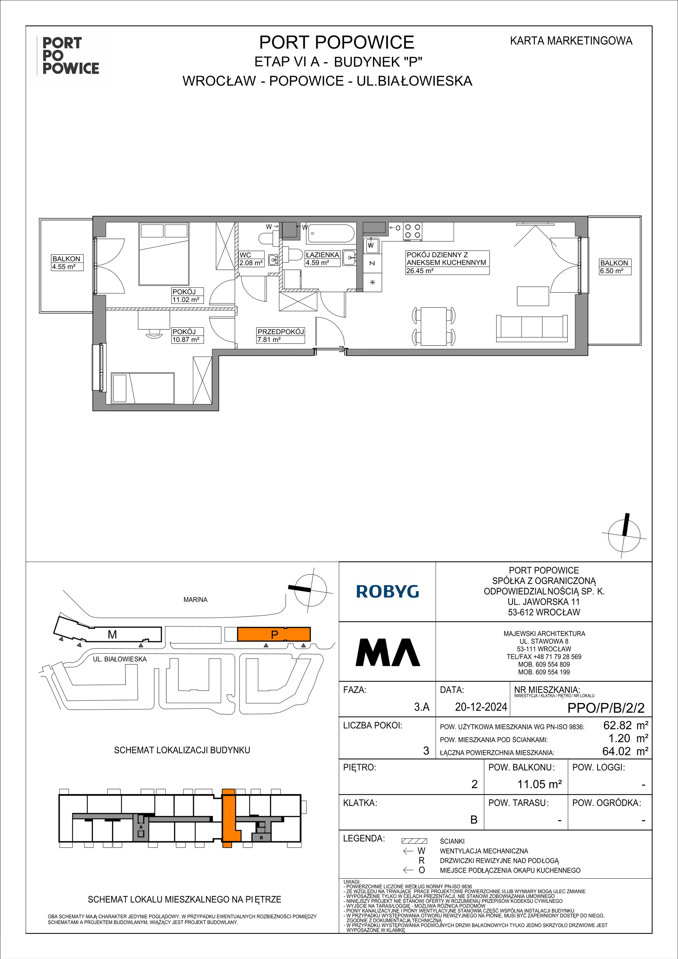 3 pokoje, mieszkanie 62,82 m², piętro 2, oferta nr PPO/P/B/2/2, Port Popowice IVa, Wrocław, Pilczyce-Kozanów-Popowice Północne, Popowice, ul. Białowieska