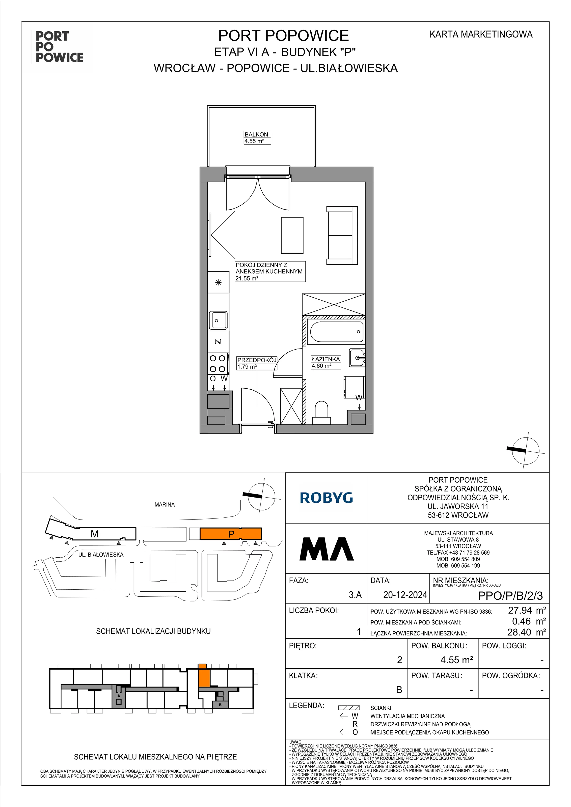 1 pokój, mieszkanie 27,94 m², piętro 2, oferta nr PPO/P/B/2/3, Port Popowice IVa, Wrocław, Pilczyce-Kozanów-Popowice Północne, Popowice, ul. Białowieska