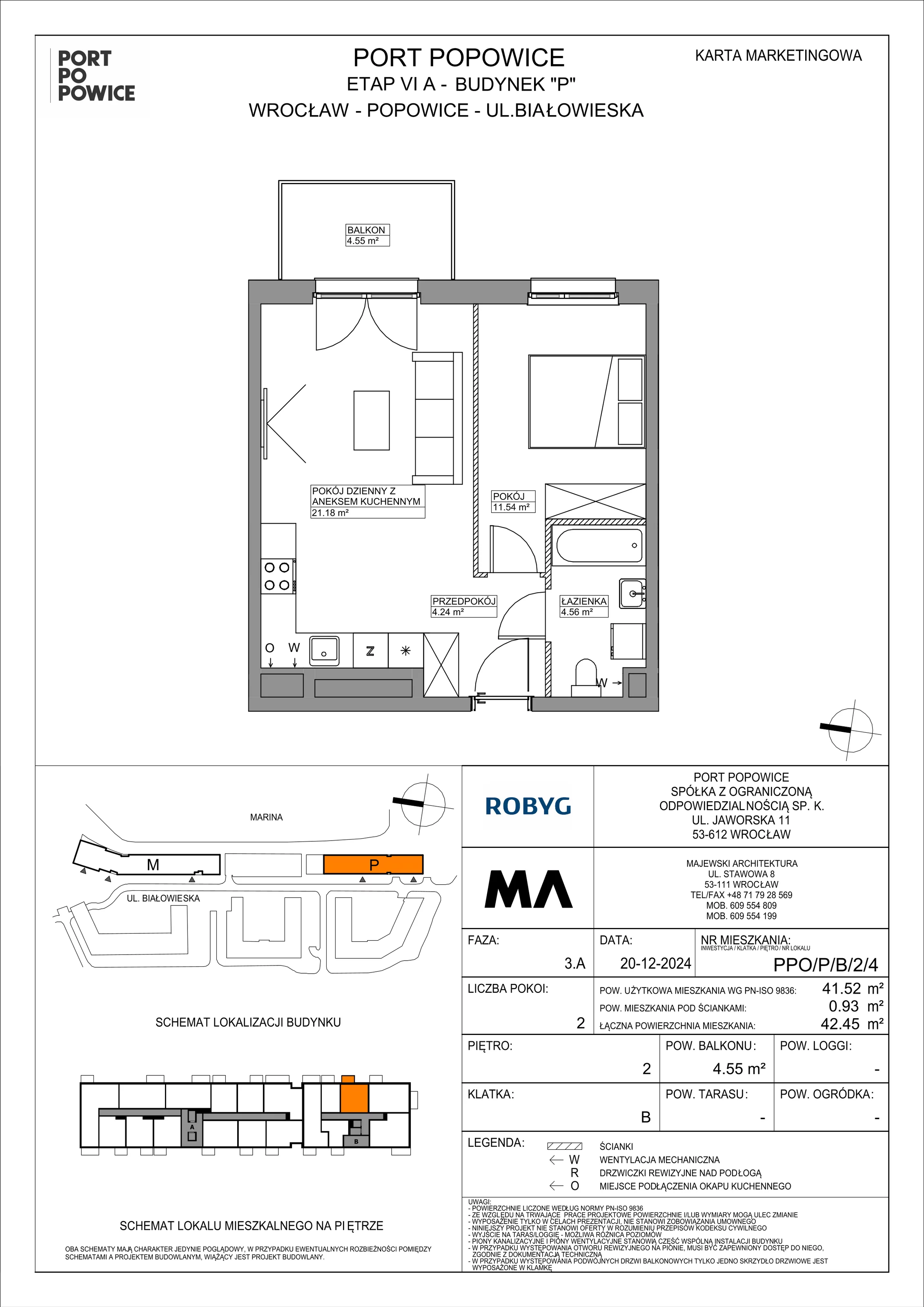 2 pokoje, mieszkanie 41,52 m², piętro 2, oferta nr PPO/P/B/2/4, Port Popowice IVa, Wrocław, Pilczyce-Kozanów-Popowice Północne, Popowice, ul. Białowieska