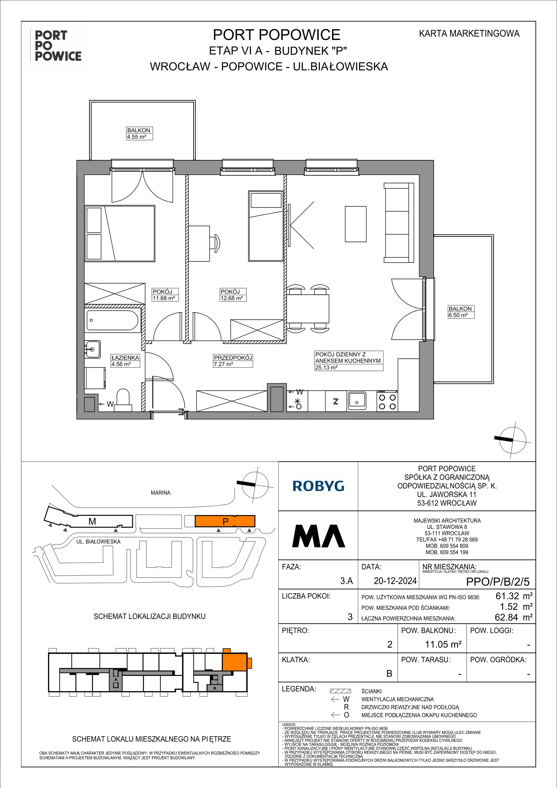 3 pokoje, mieszkanie 61,32 m², piętro 2, oferta nr PPO/P/B/2/5, Port Popowice IVa, Wrocław, Pilczyce-Kozanów-Popowice Północne, Popowice, ul. Białowieska