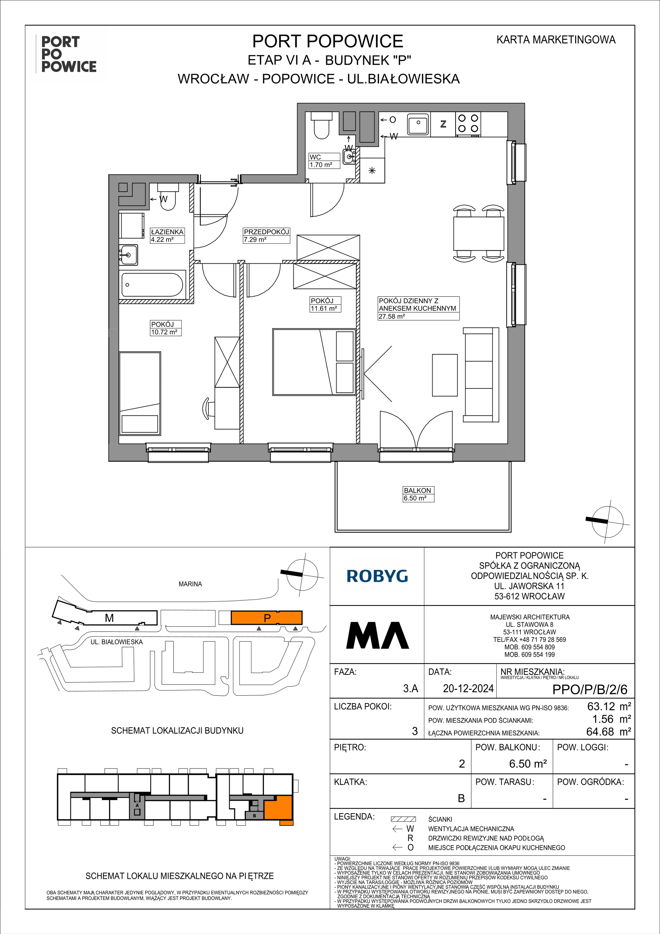 3 pokoje, mieszkanie 63,12 m², piętro 2, oferta nr PPO/P/B/2/6, Port Popowice IVa, Wrocław, Pilczyce-Kozanów-Popowice Północne, Popowice, ul. Białowieska