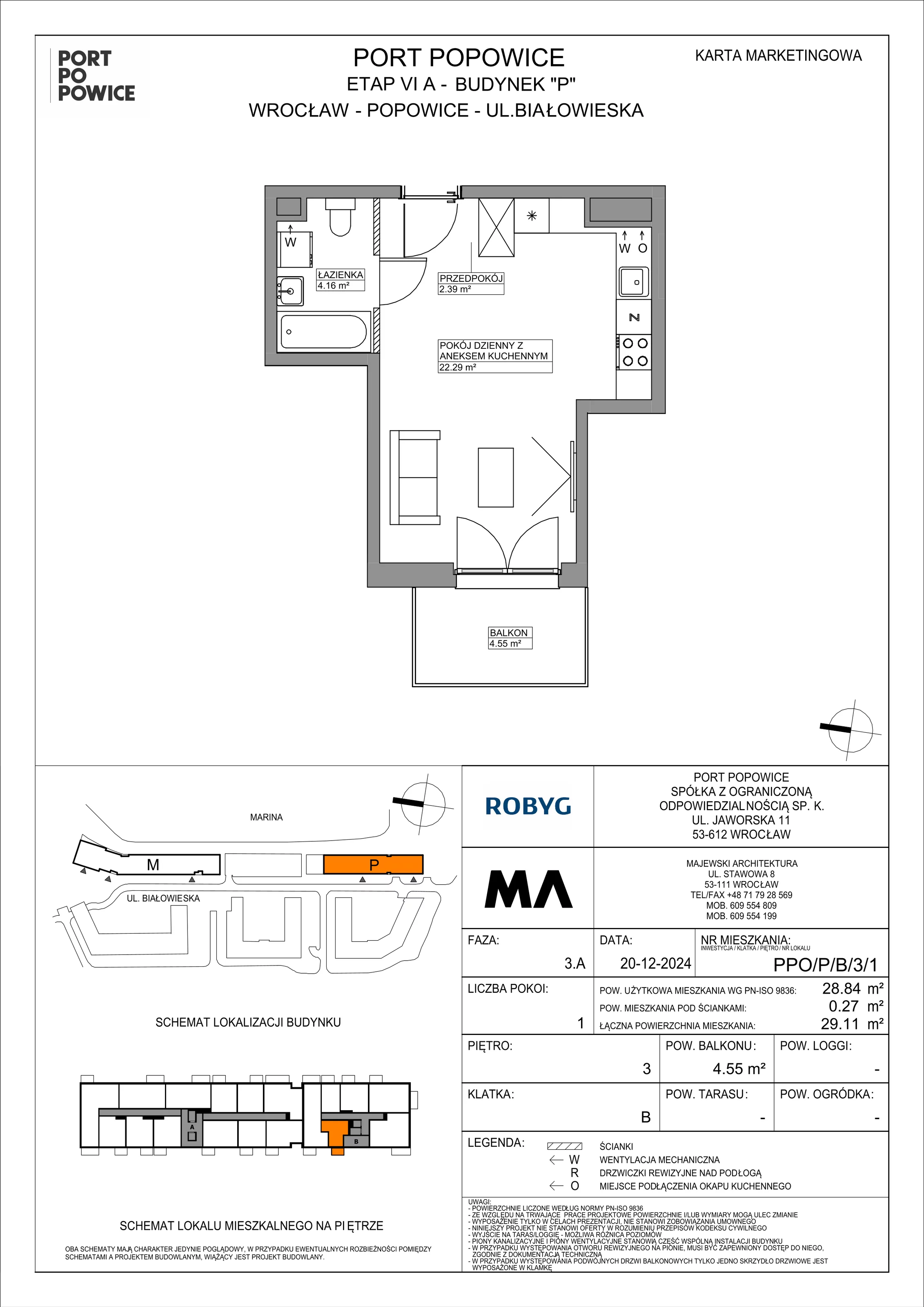 1 pokój, mieszkanie 28,84 m², piętro 3, oferta nr PPO/P/B/3/1, Port Popowice IVa, Wrocław, Pilczyce-Kozanów-Popowice Północne, Popowice, ul. Białowieska