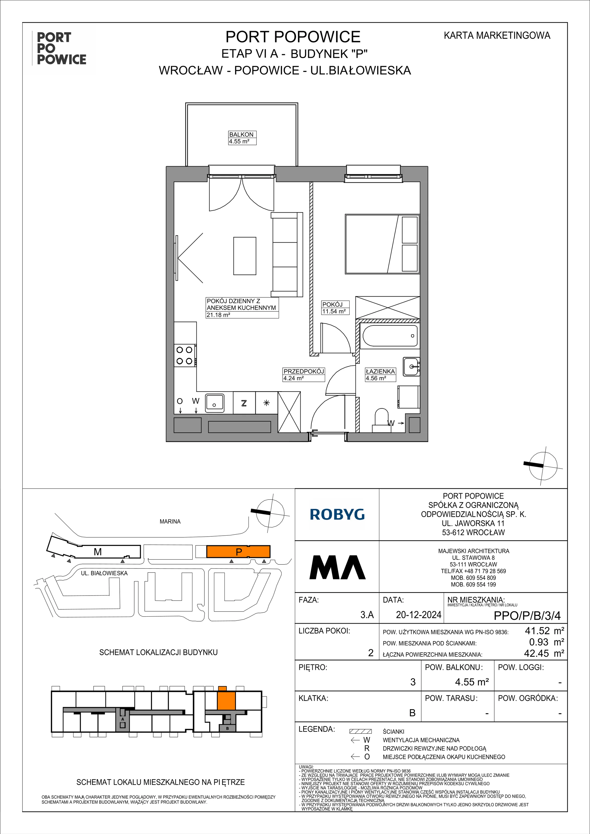 2 pokoje, mieszkanie 41,52 m², piętro 3, oferta nr PPO/P/B/3/4, Port Popowice IVa, Wrocław, Pilczyce-Kozanów-Popowice Północne, Popowice, ul. Białowieska