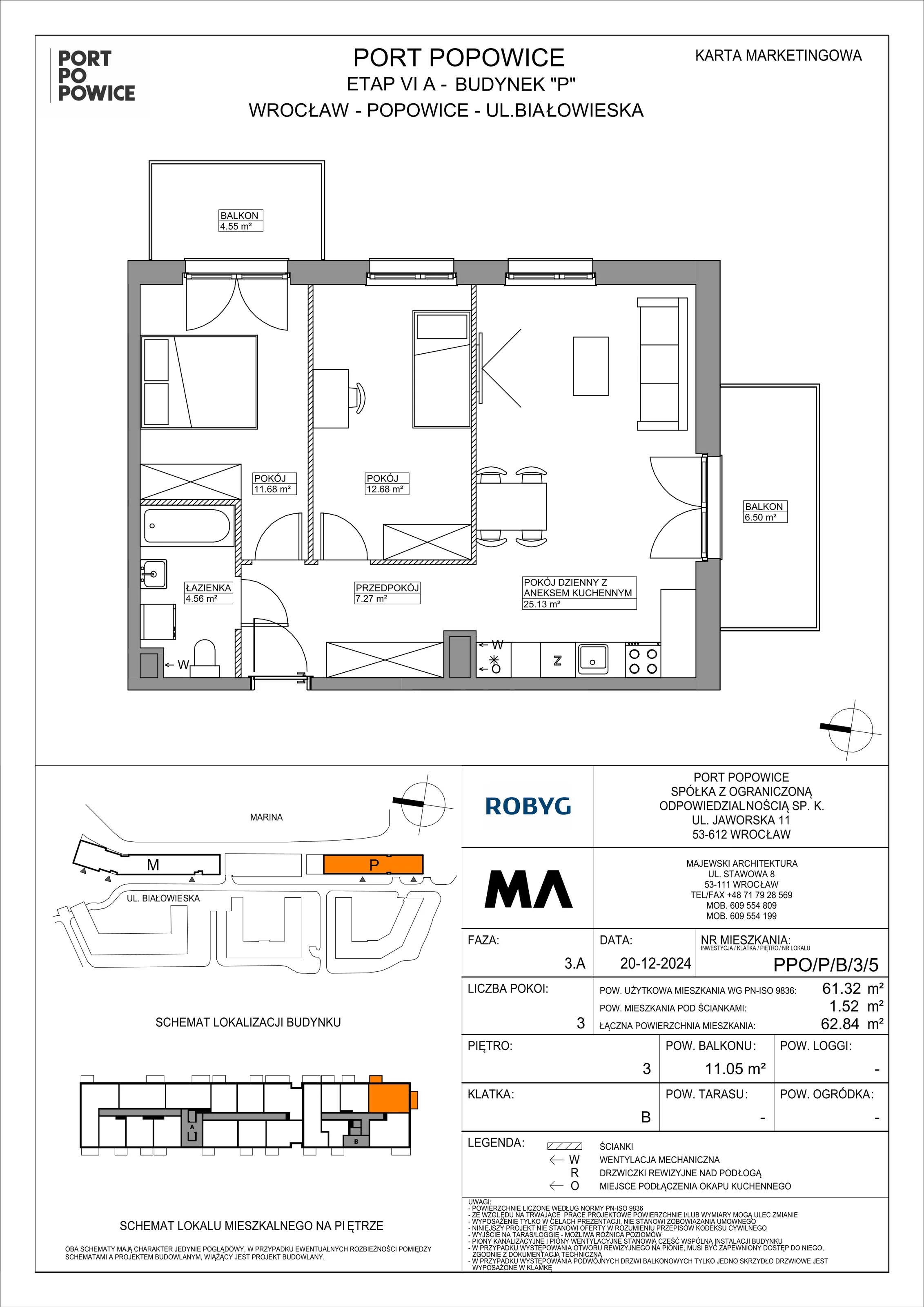 3 pokoje, mieszkanie 61,32 m², piętro 3, oferta nr PPO/P/B/3/5, Port Popowice IVa, Wrocław, Pilczyce-Kozanów-Popowice Północne, Popowice, ul. Białowieska