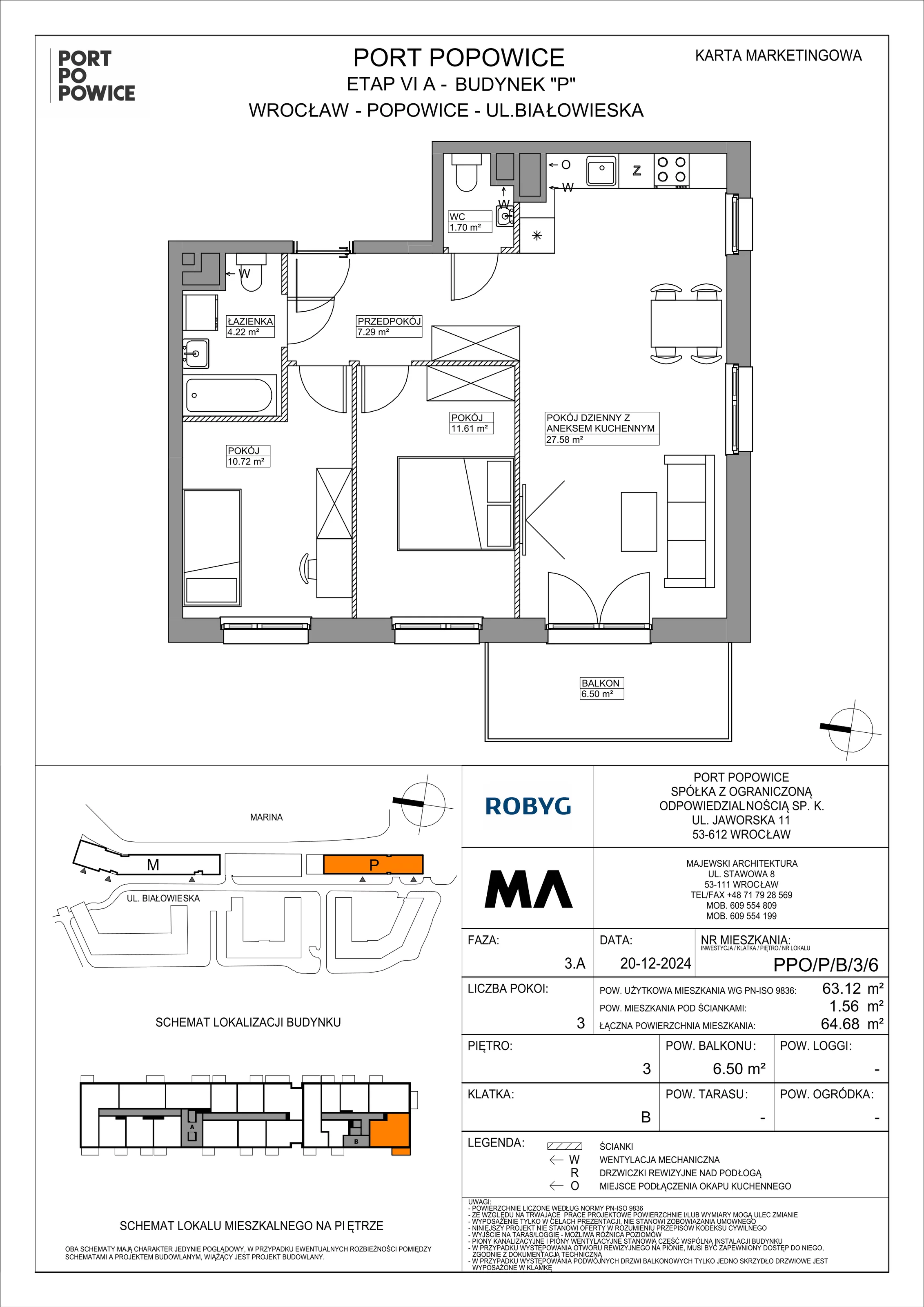 3 pokoje, mieszkanie 63,12 m², piętro 3, oferta nr PPO/P/B/3/6, Port Popowice IVa, Wrocław, Pilczyce-Kozanów-Popowice Północne, Popowice, ul. Białowieska