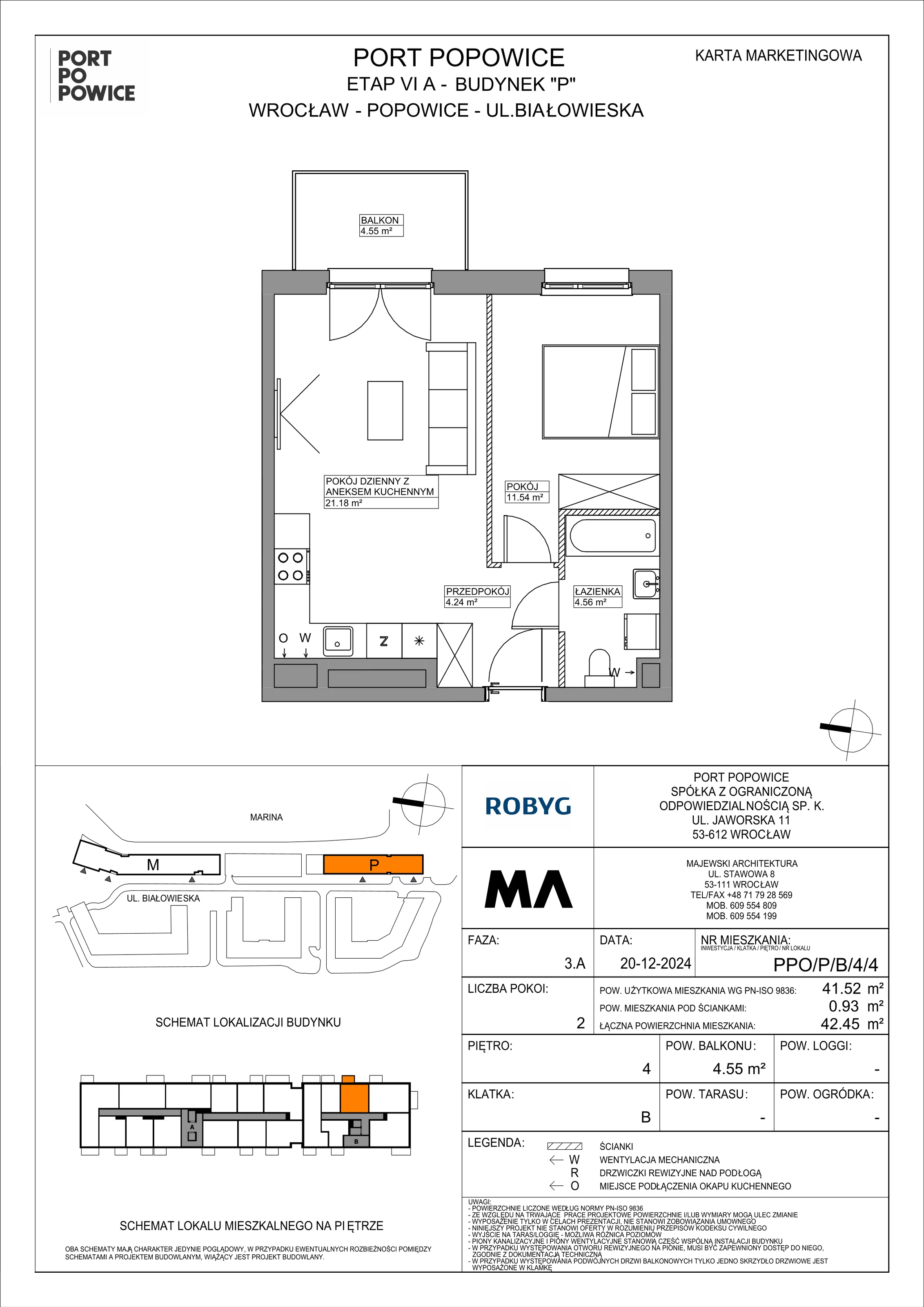 2 pokoje, mieszkanie 41,52 m², piętro 4, oferta nr PPO/P/B/4/4, Port Popowice IVa, Wrocław, Pilczyce-Kozanów-Popowice Północne, Popowice, ul. Białowieska