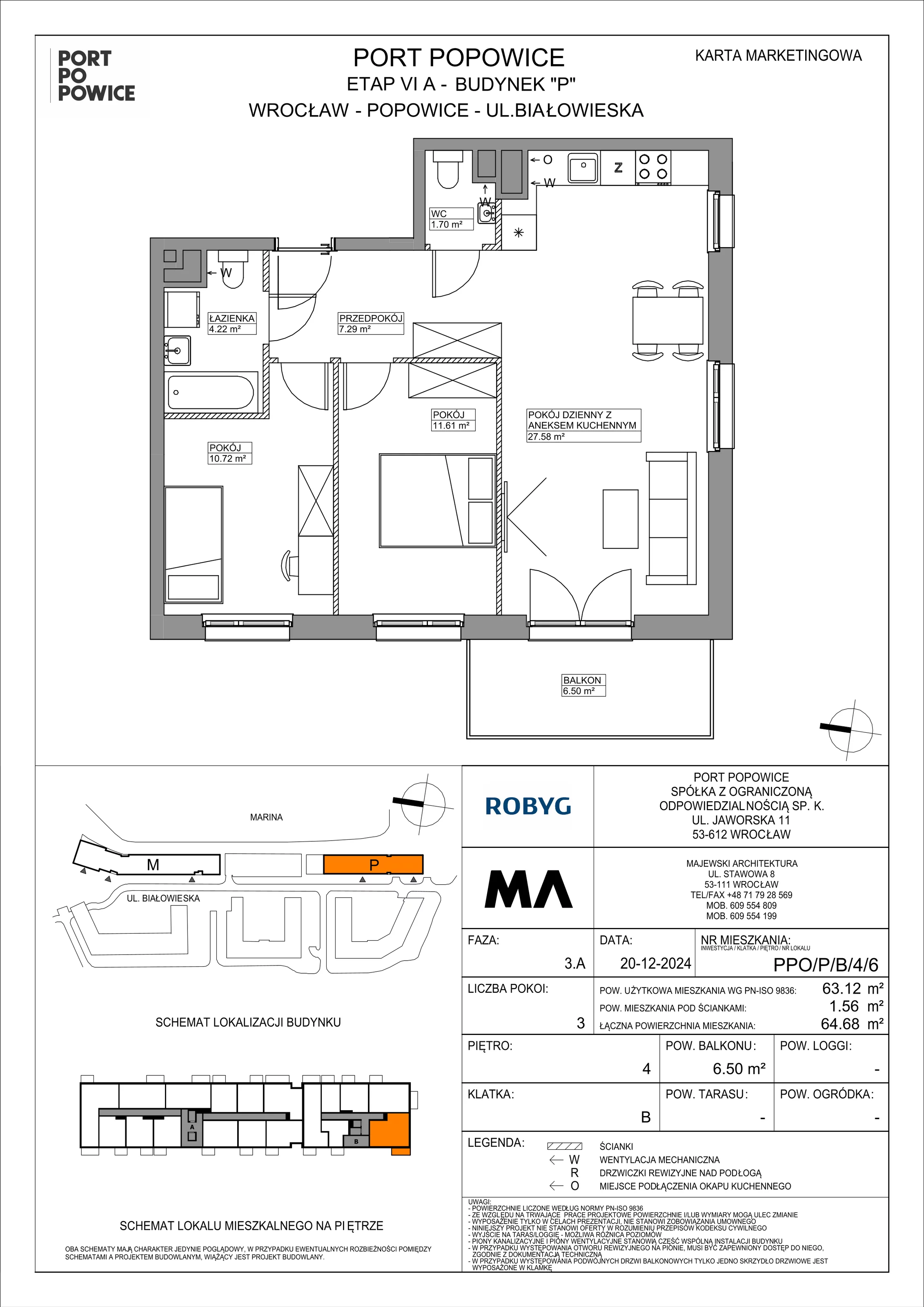 3 pokoje, mieszkanie 63,12 m², piętro 4, oferta nr PPO/P/B/4/6, Port Popowice IVa, Wrocław, Pilczyce-Kozanów-Popowice Północne, Popowice, ul. Białowieska