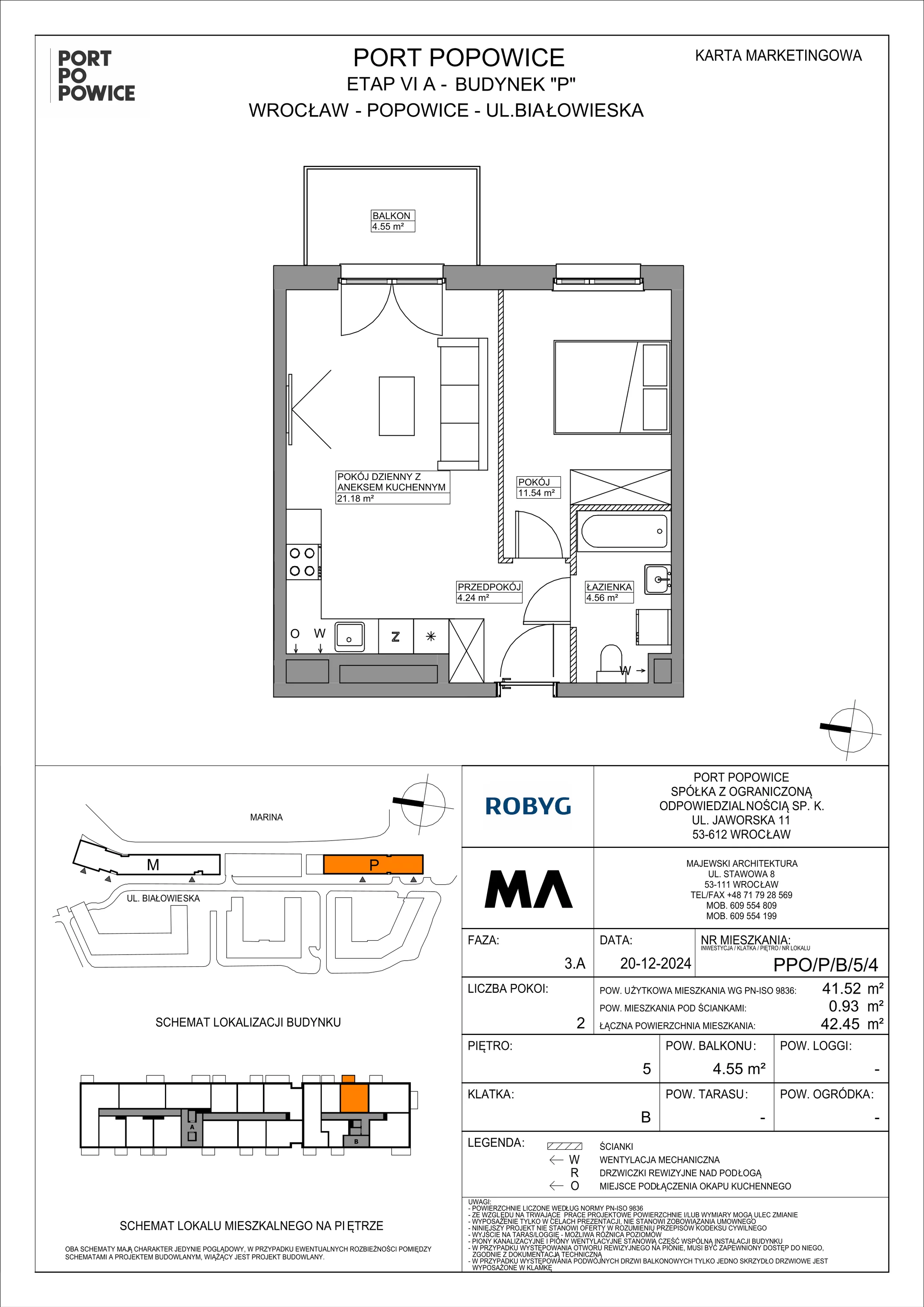 2 pokoje, mieszkanie 41,52 m², piętro 5, oferta nr PPO/P/B/5/4, Port Popowice IVa, Wrocław, Pilczyce-Kozanów-Popowice Północne, Popowice, ul. Białowieska