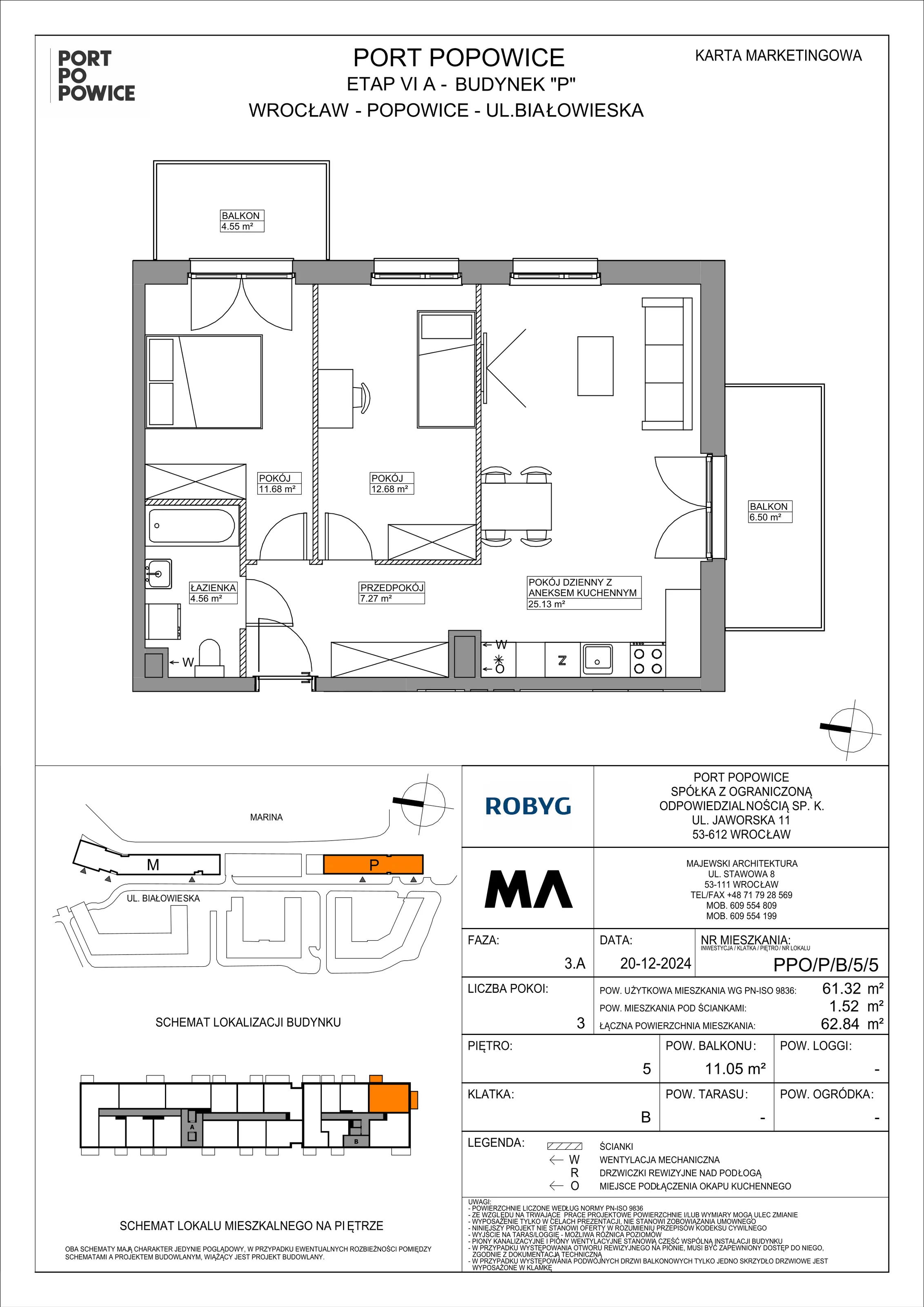 3 pokoje, mieszkanie 61,32 m², piętro 5, oferta nr PPO/P/B/5/5, Port Popowice IVa, Wrocław, Pilczyce-Kozanów-Popowice Północne, Popowice, ul. Białowieska