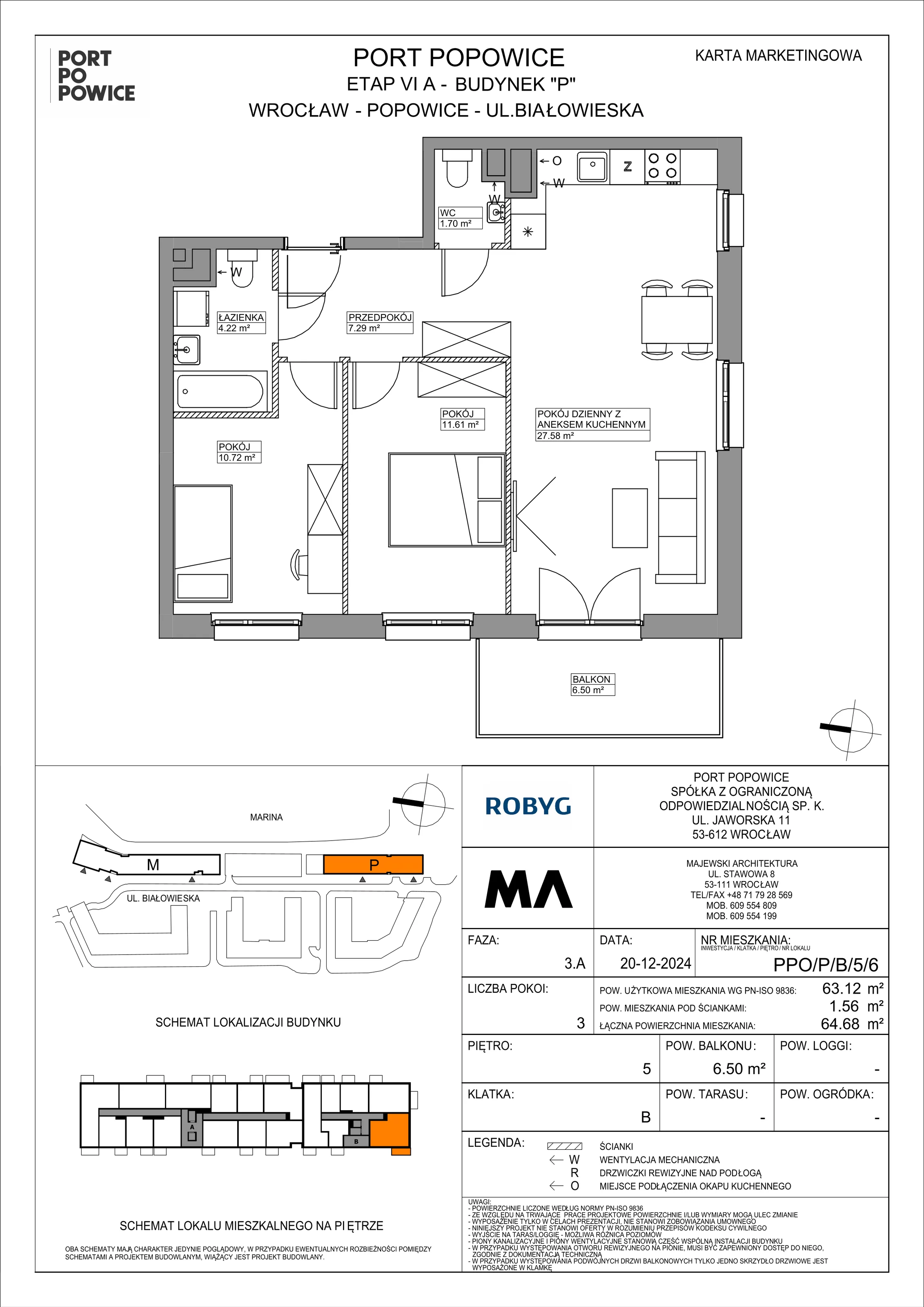 3 pokoje, mieszkanie 63,12 m², piętro 5, oferta nr PPO/P/B/5/6, Port Popowice IVa, Wrocław, Pilczyce-Kozanów-Popowice Północne, Popowice, ul. Białowieska