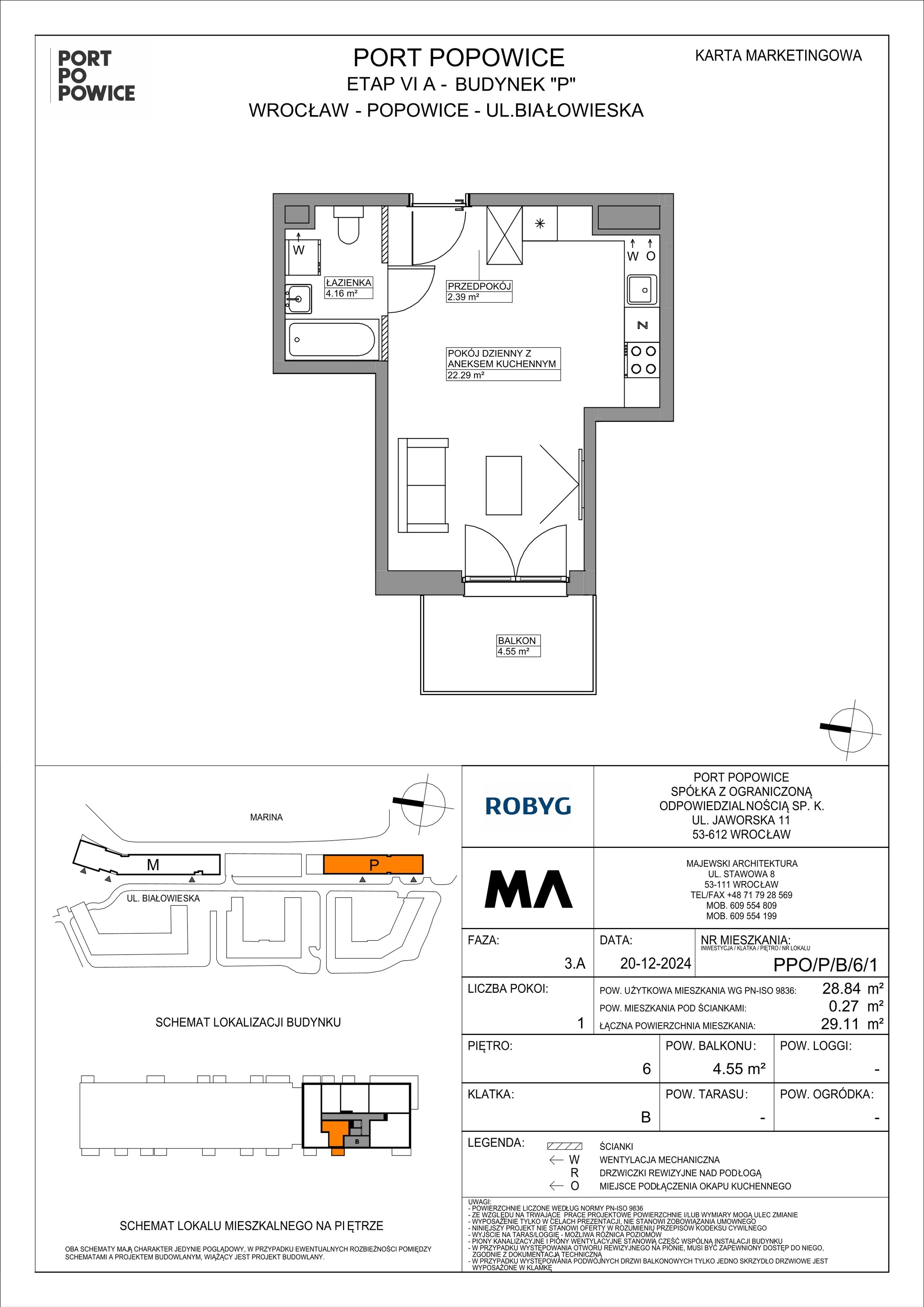 1 pokój, mieszkanie 28,84 m², piętro 6, oferta nr PPO/P/B/6/1, Port Popowice IVa, Wrocław, Pilczyce-Kozanów-Popowice Północne, Popowice, ul. Białowieska