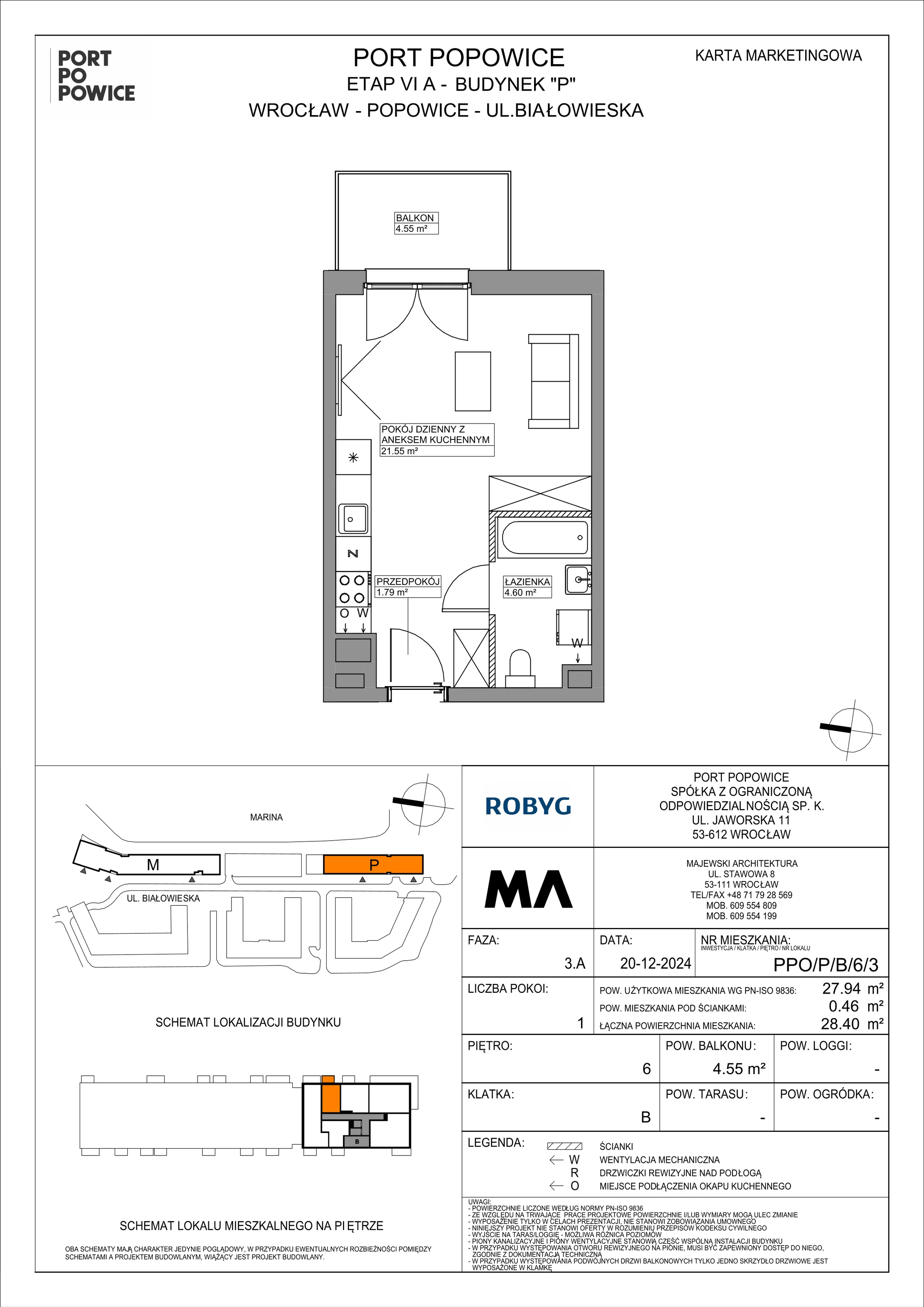 1 pokój, mieszkanie 27,94 m², piętro 6, oferta nr PPO/P/B/6/3, Port Popowice IVa, Wrocław, Pilczyce-Kozanów-Popowice Północne, Popowice, ul. Białowieska